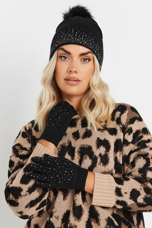  Ensemble Bonnet à Pompon Et Gants Ornés De Diamants Noirs