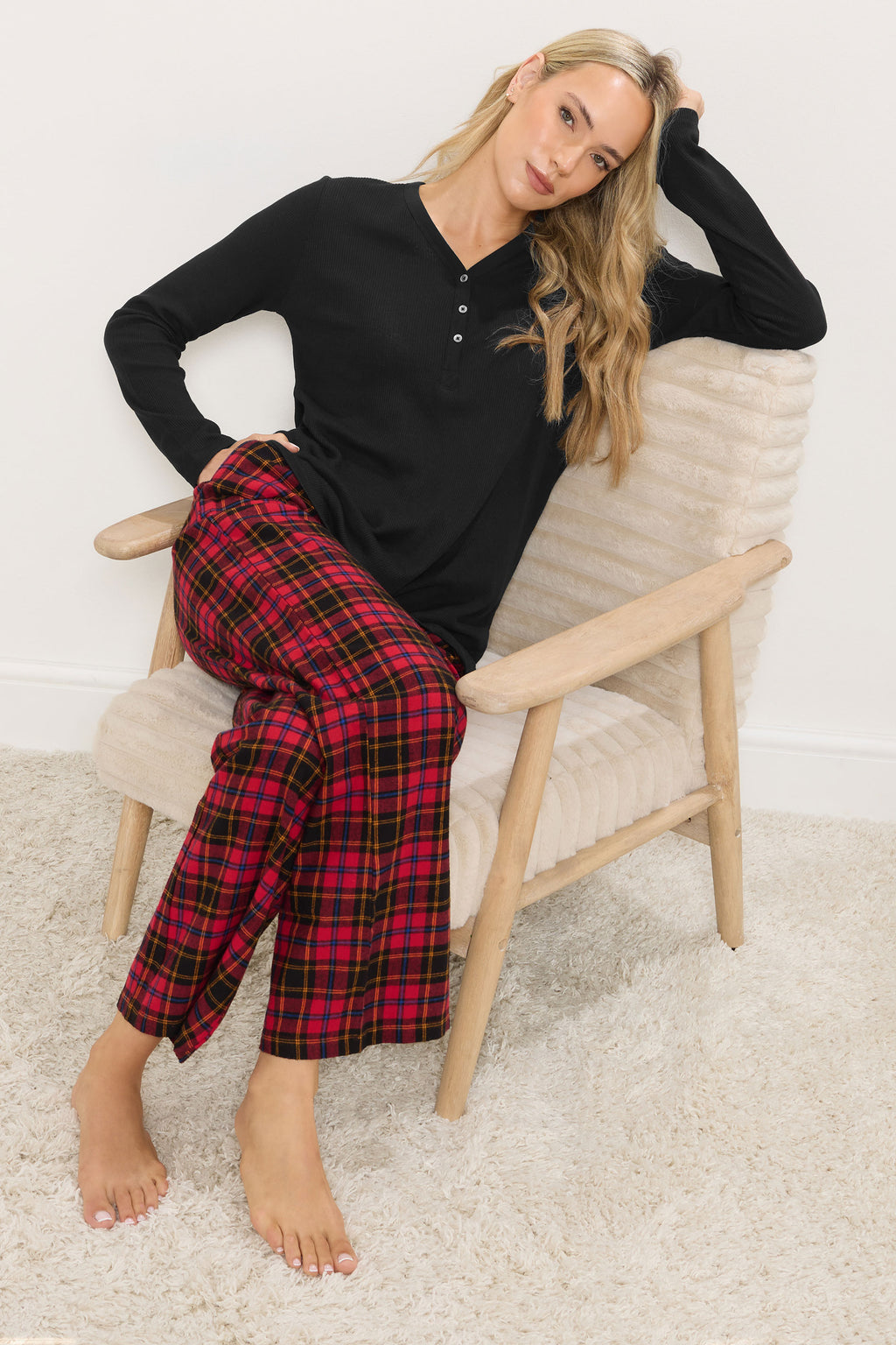  LTS Tall Black Cotton Waffle Pyjama Top
