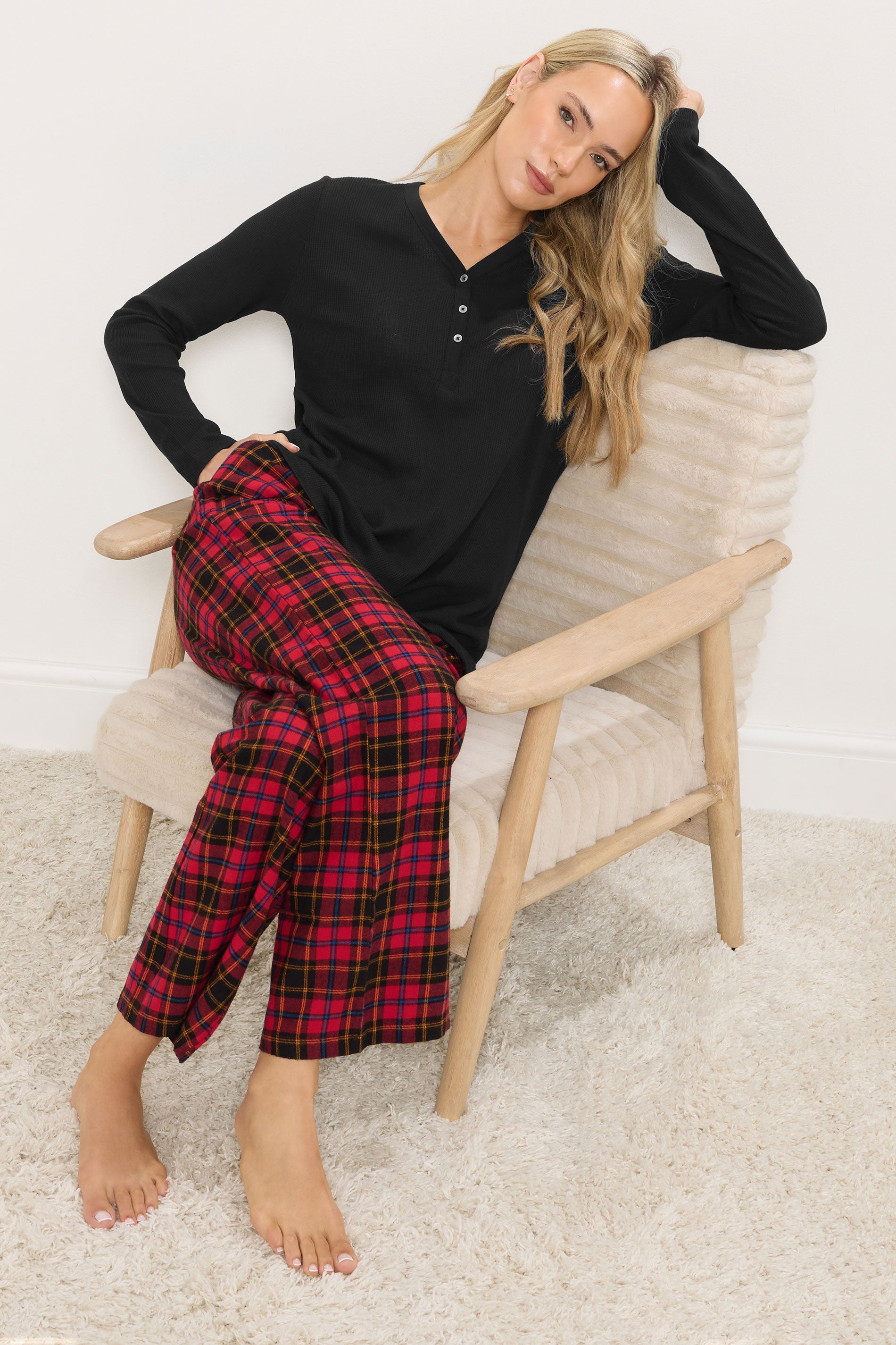  LTS Tall Black Cotton Waffle Pyjama Top