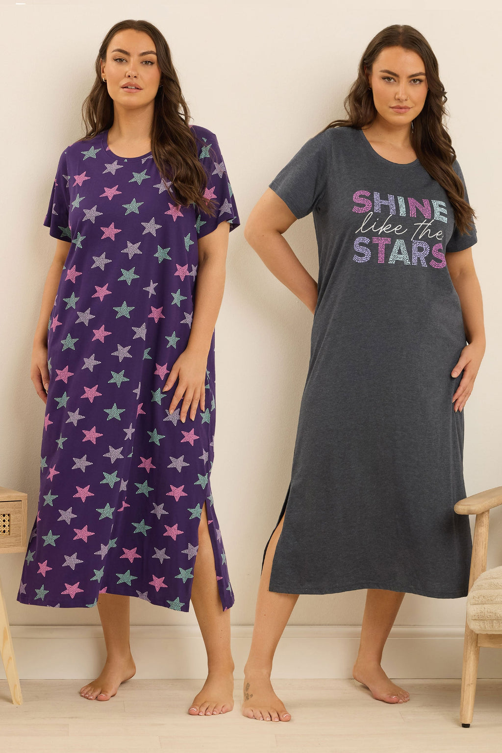  YOURS Curve Lot De 2 Chemises De Nuit Grises « Shine Like The Stars » Midaxi