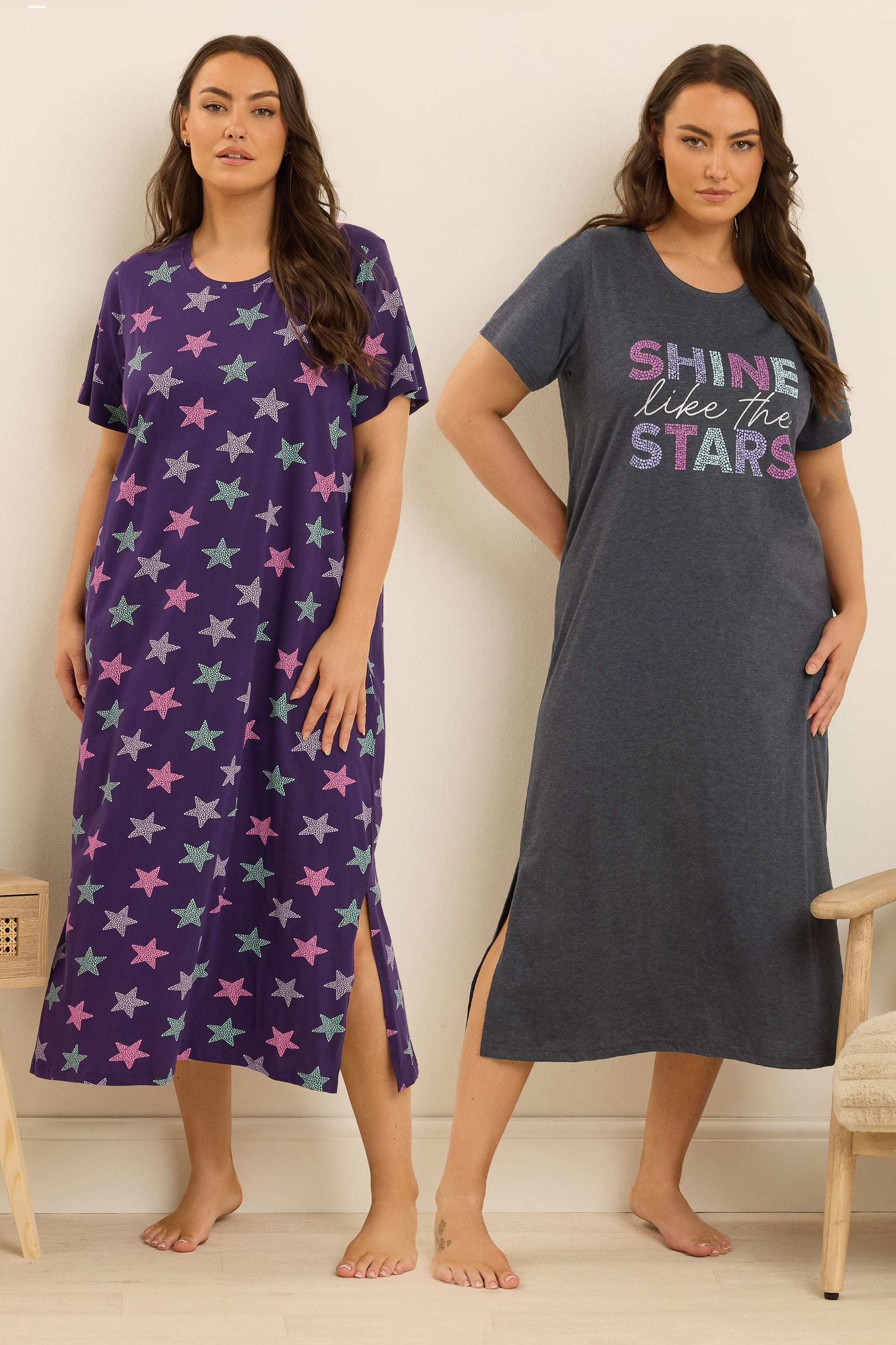  YOURS Curve Lot De 2 Chemises De Nuit Grises « Shine Like The Stars » Midaxi