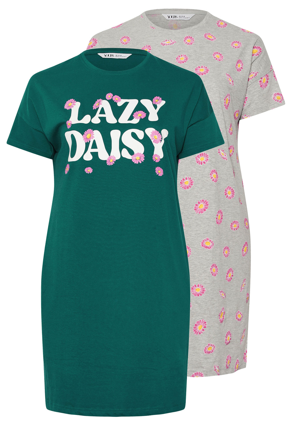  YOURS - Lot De 2 Chemises De Nuit Verte & Grise 'Lazy Daisy'
