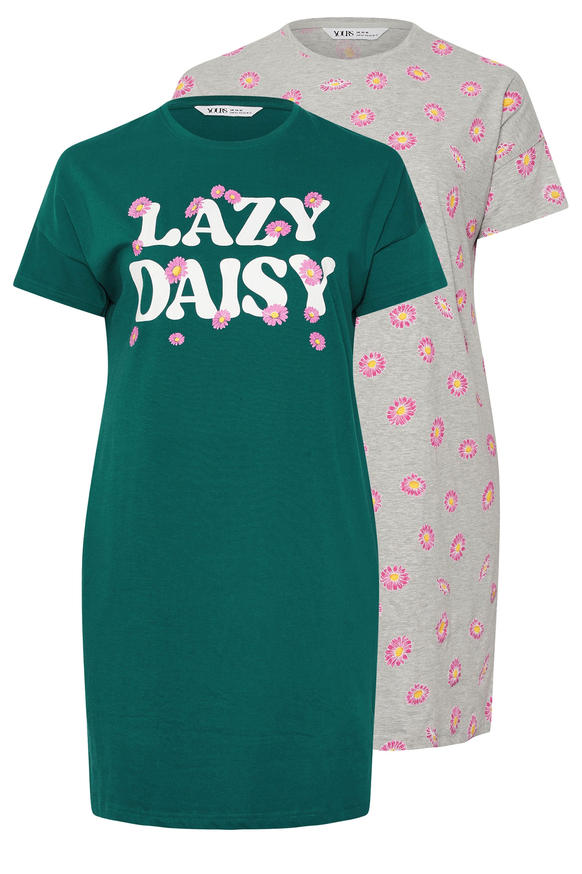  YOURS - Lot De 2 Chemises De Nuit Verte & Grise 'Lazy Daisy'