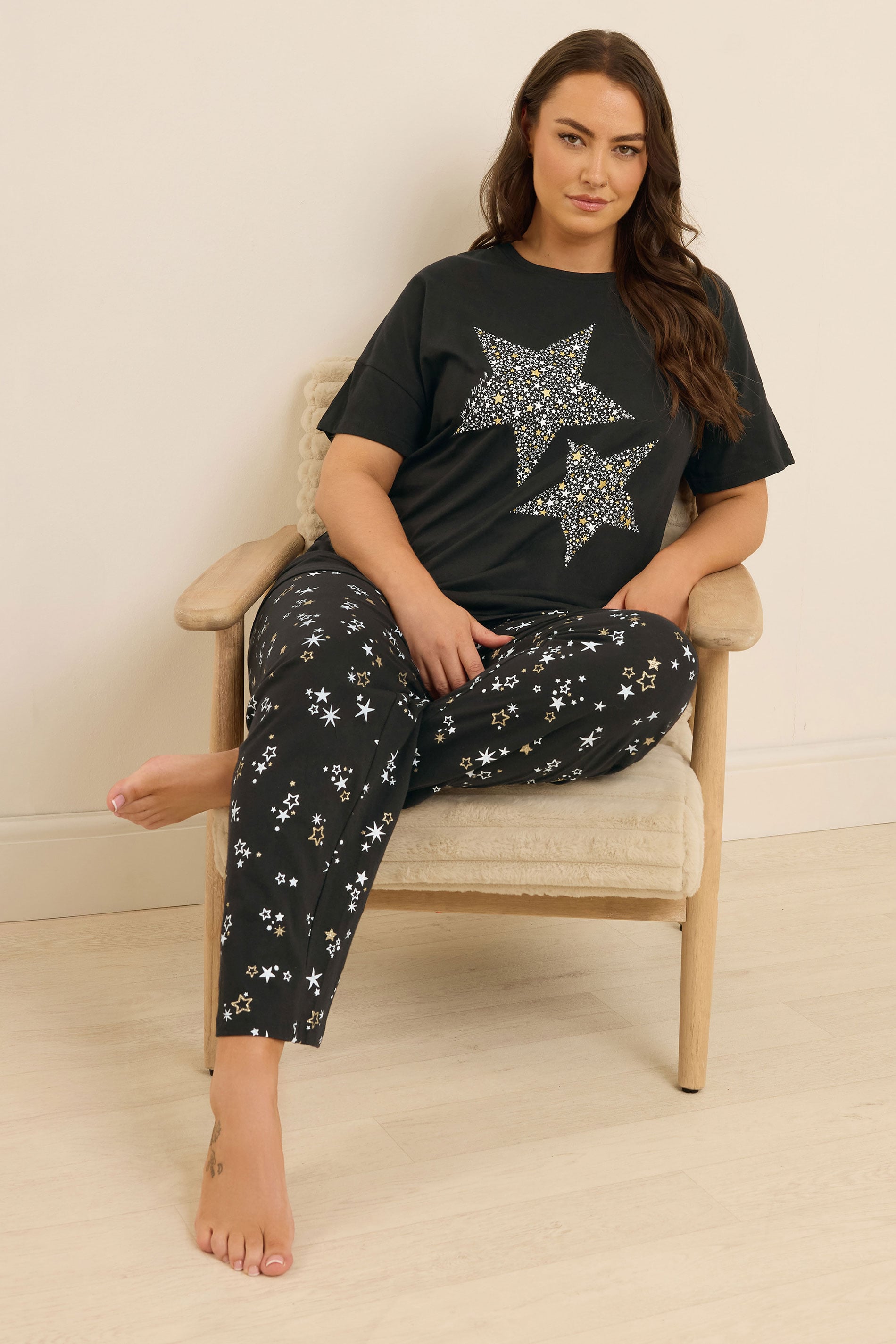  YOURS Curve Ensemble De Pyjama à Jambes Larges Noir Imprimé étoiles