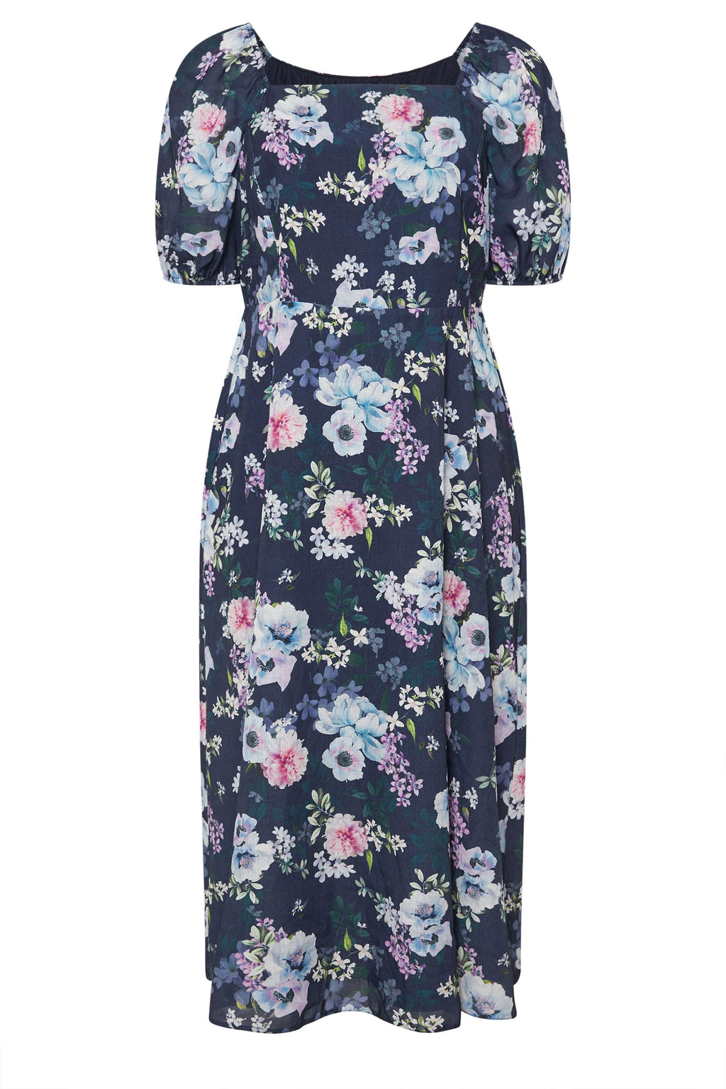  YOURS LONDON - Robe Floral Bleue Marine Manches Courtes En Ballons