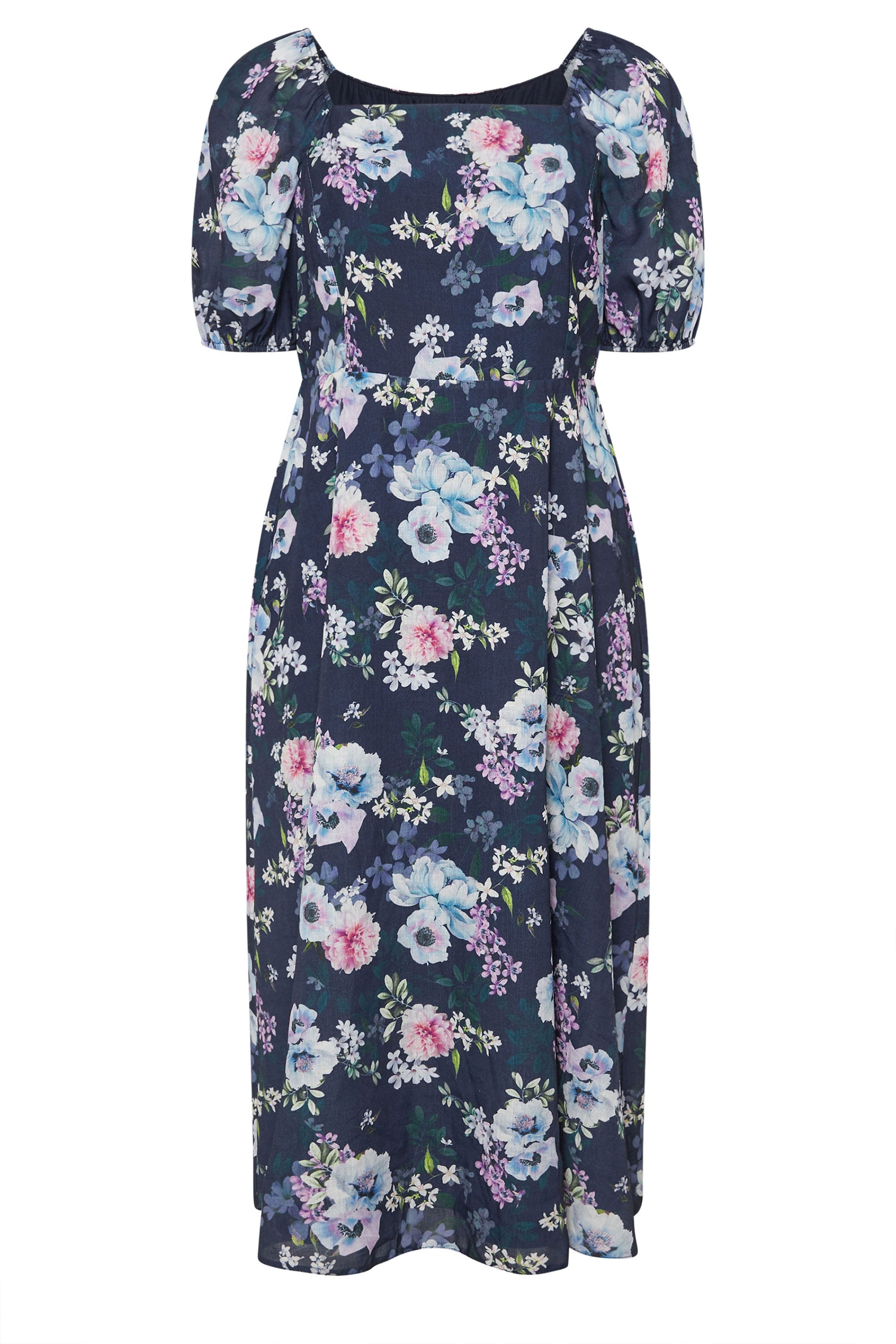  YOURS LONDON - Robe Floral Bleue Marine Manches Courtes En Ballons