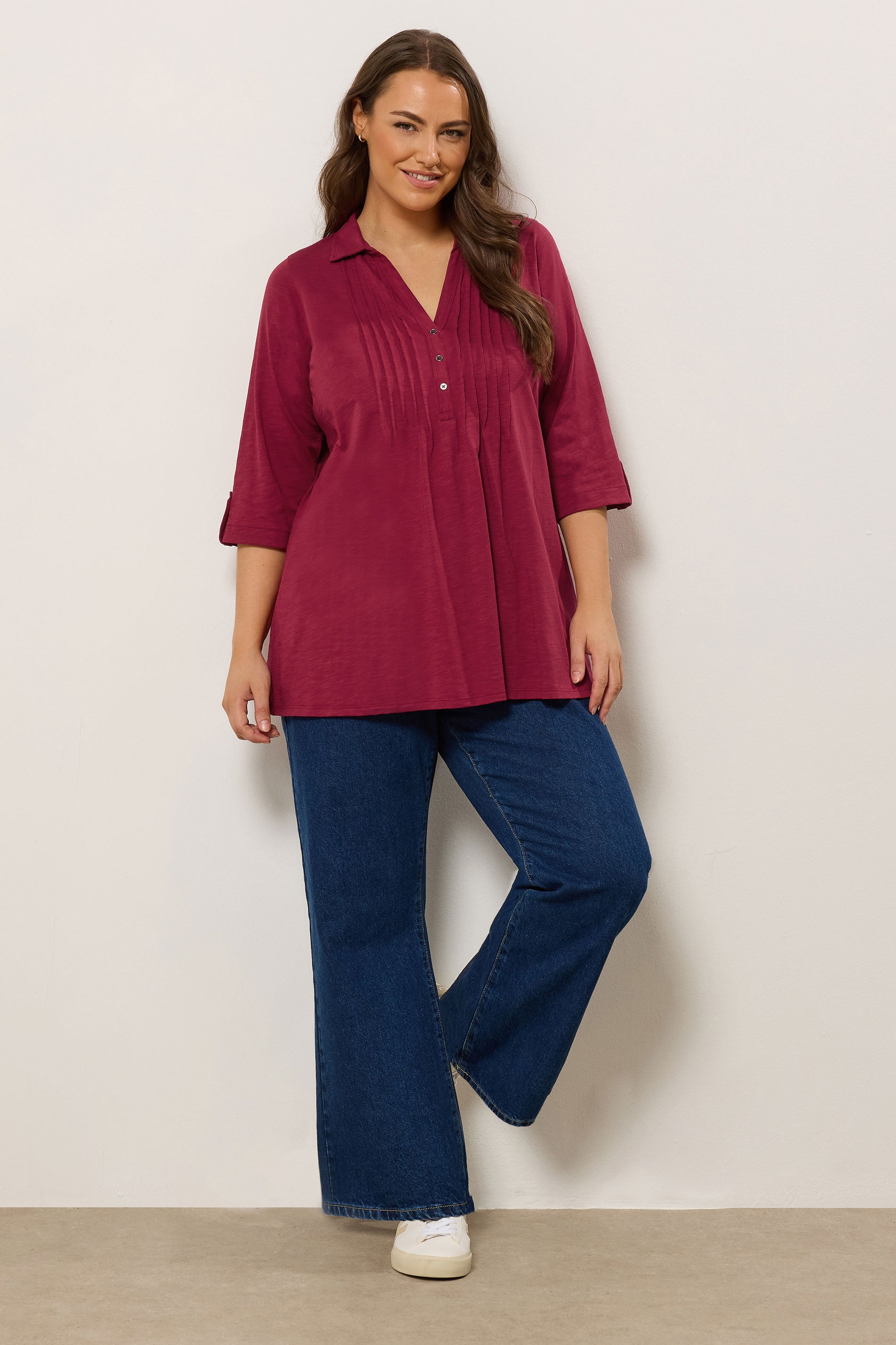  EVANS Curve Red Pintuck Henley Top