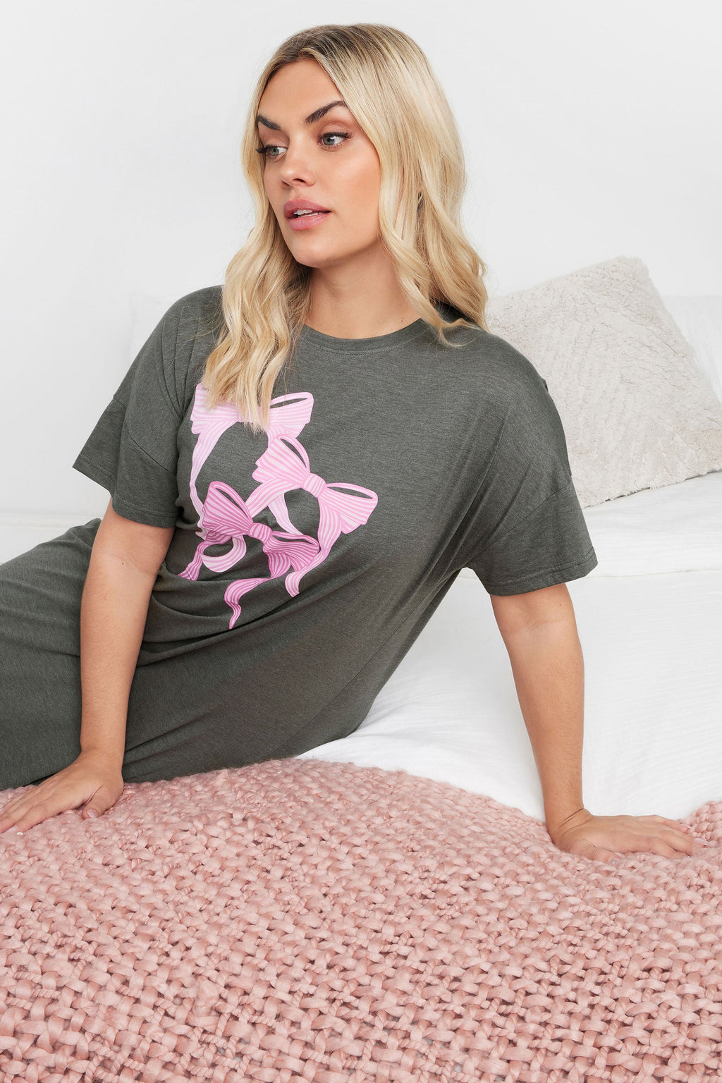  YOURS - Lot De 2 Chemises De Nuit Grise & Rose à Noeuds