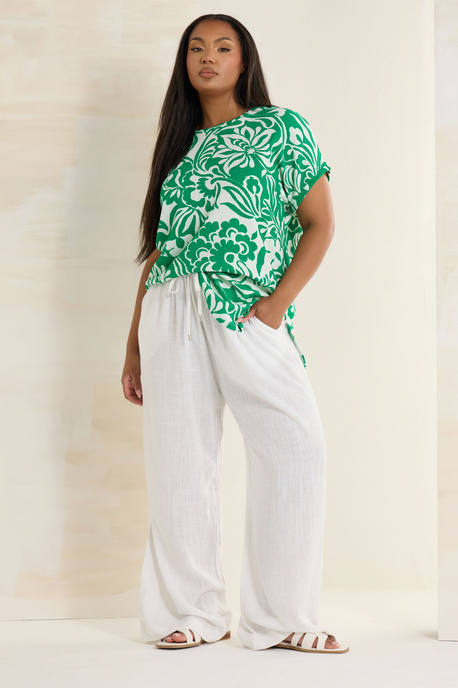  YOURS - Top Vert & Blanc Texturé Floral Manches Courtes