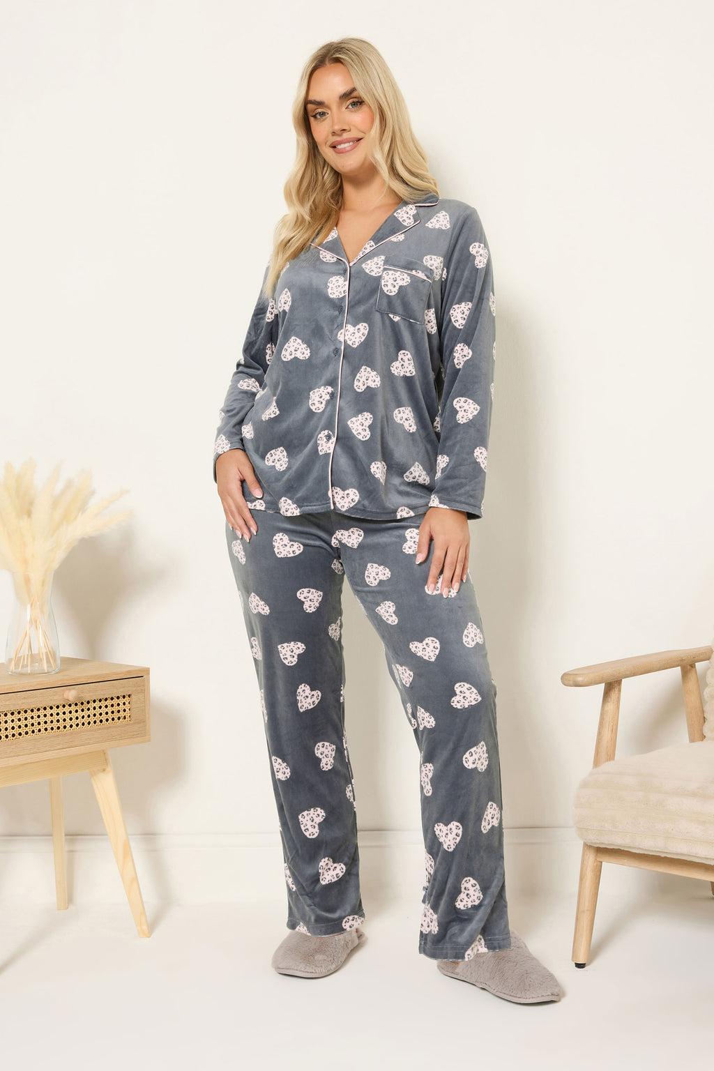  YOURS Curve Ensemble De Pyjama En Polaire Gris à Imprimé Cœur Animal