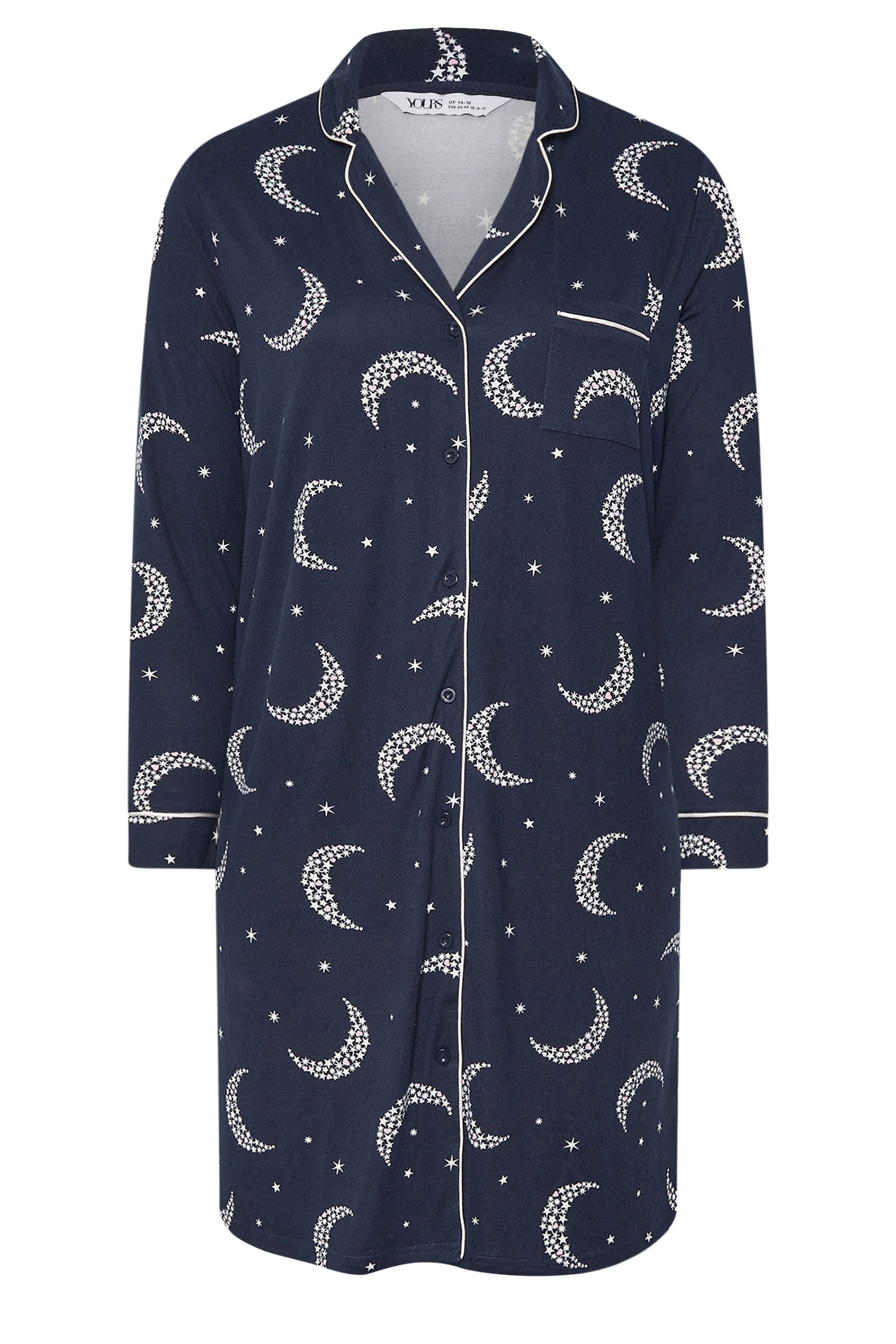  YOURS Curve Chemise De Nuit Douce Au Toucher Bleu Marine à Boutons Lune Et étoile