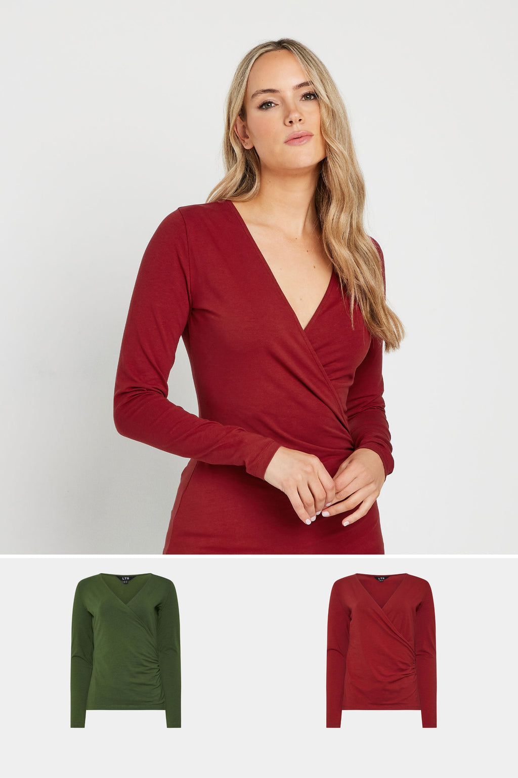  LTS Tall 2 PACK Khaki Green & Red Wrap Tops