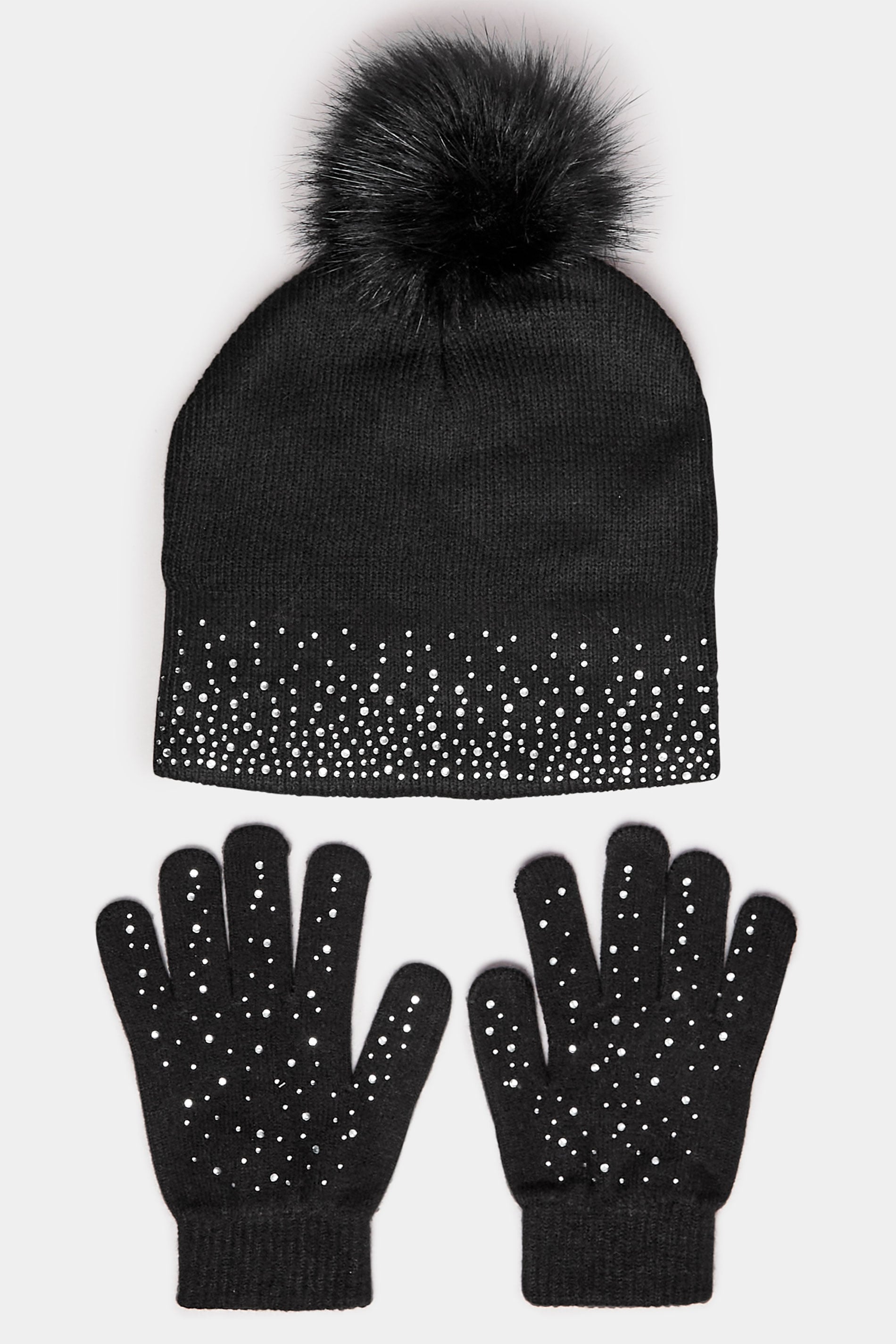  Ensemble Bonnet à Pompon Et Gants Ornés De Diamants Noirs