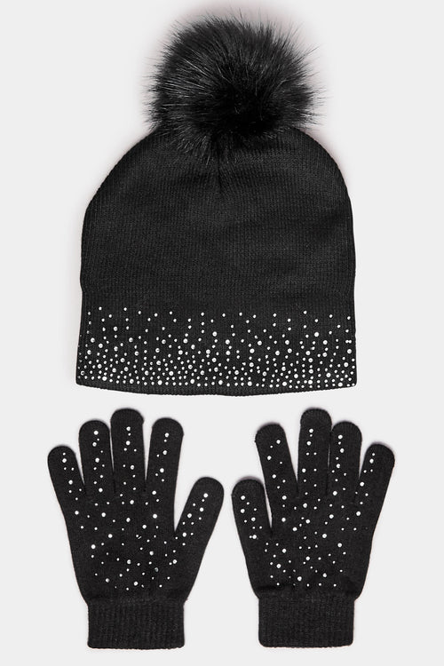  Ensemble Bonnet à Pompon Et Gants Ornés De Diamants Noirs