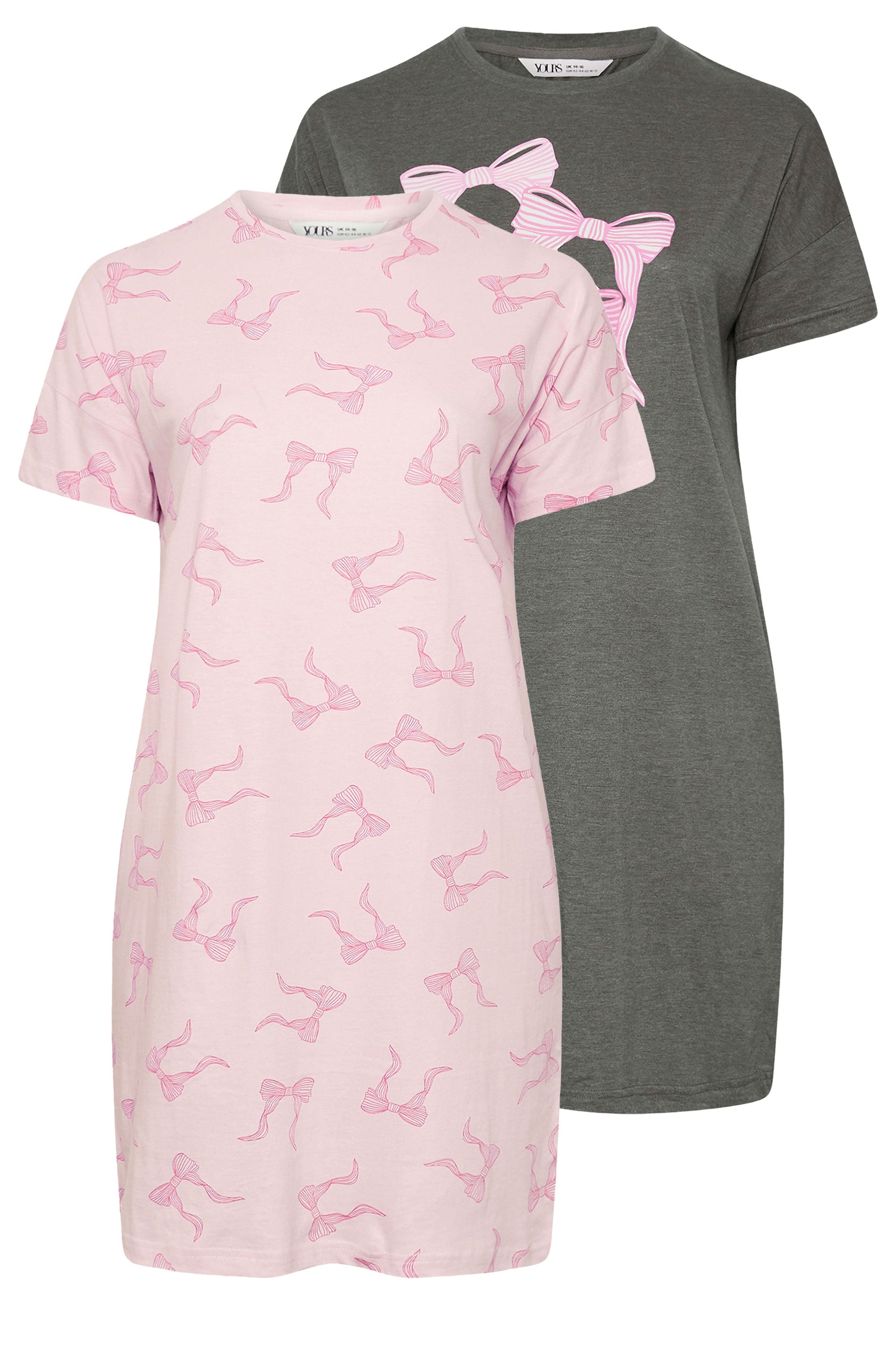  YOURS - Lot De 2 Chemises De Nuit Grise & Rose à Noeuds