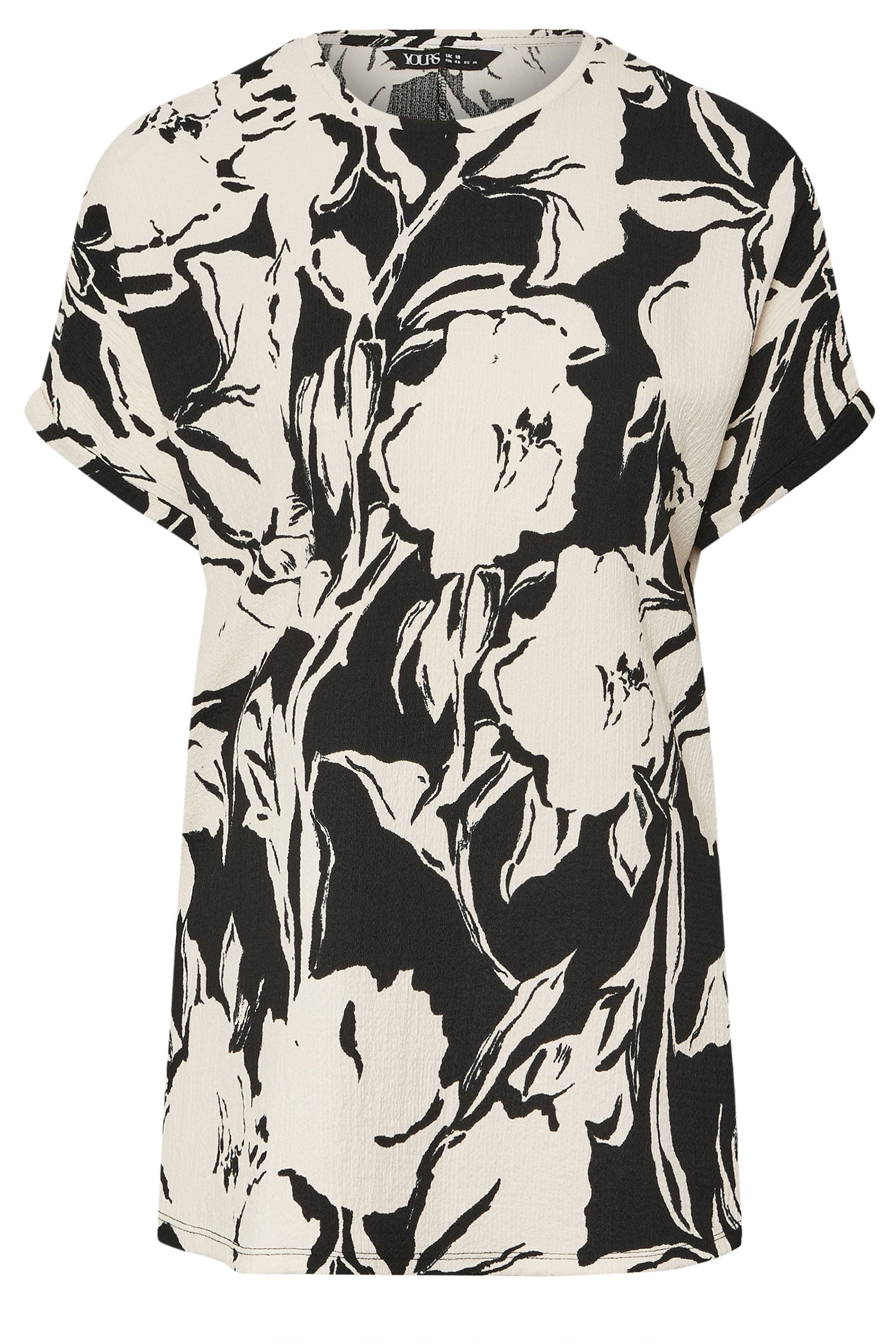  YOURS - Top Noir & Blanc Texturé Floral Manches Courtes