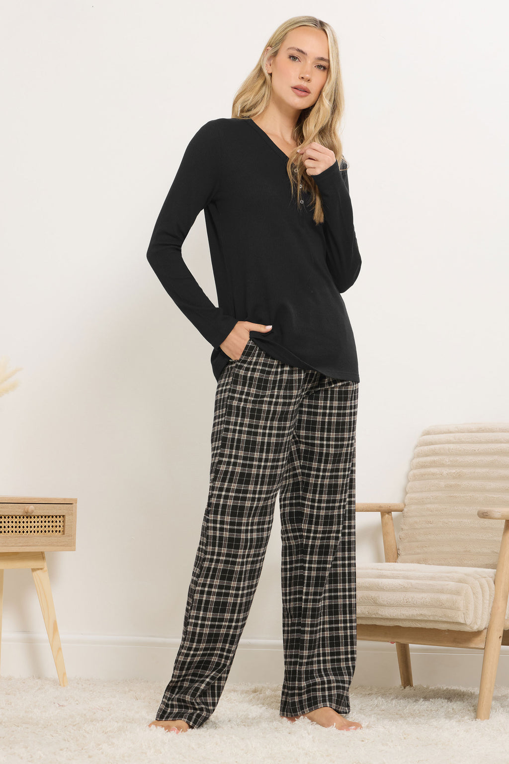  LTS Tall Black Cotton Check Pyjama Bottoms