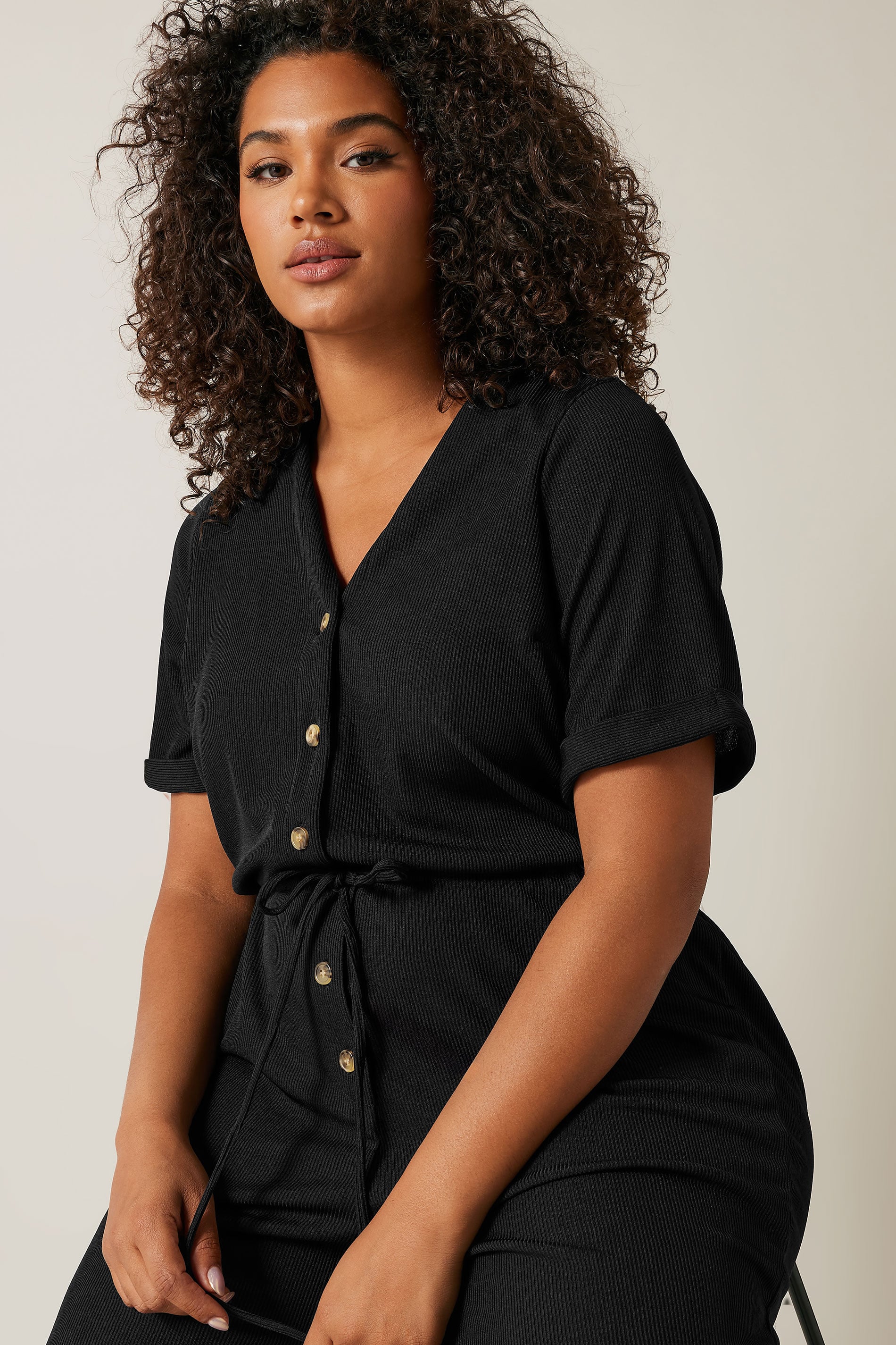  EVANS Curve Black Button Front Jersey Jumpsuit