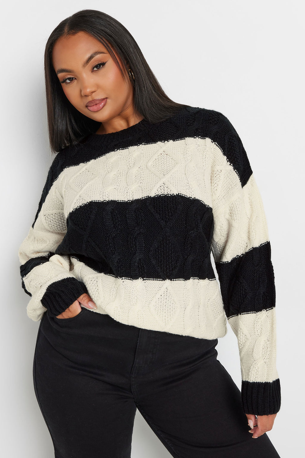  YOURS - Pull Noir & Crème En Maille Design Rayures