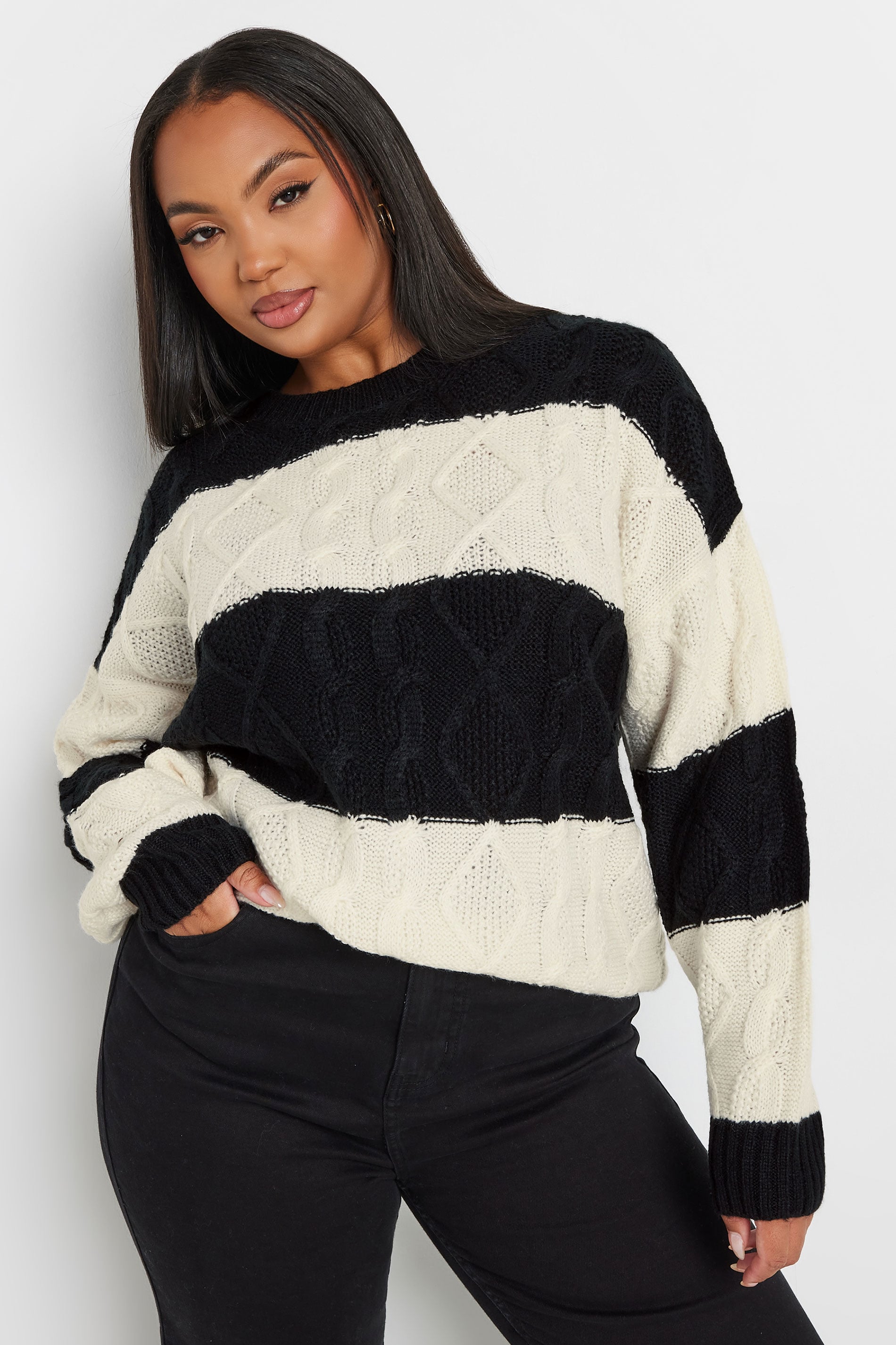  YOURS - Pull Noir & Crème En Maille Design Rayures