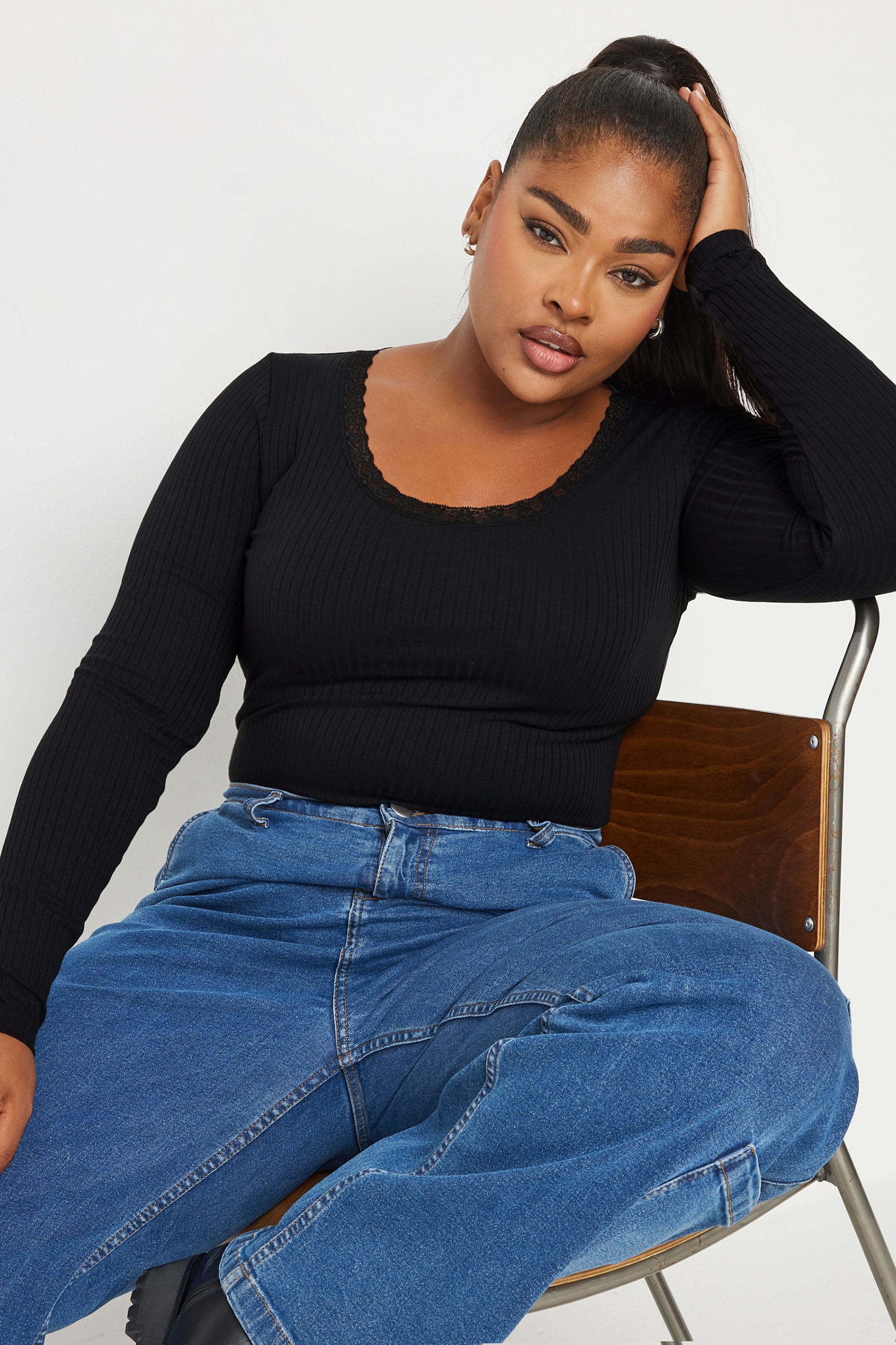  YOURS - Body Noir En Coton Bordure Dentelle