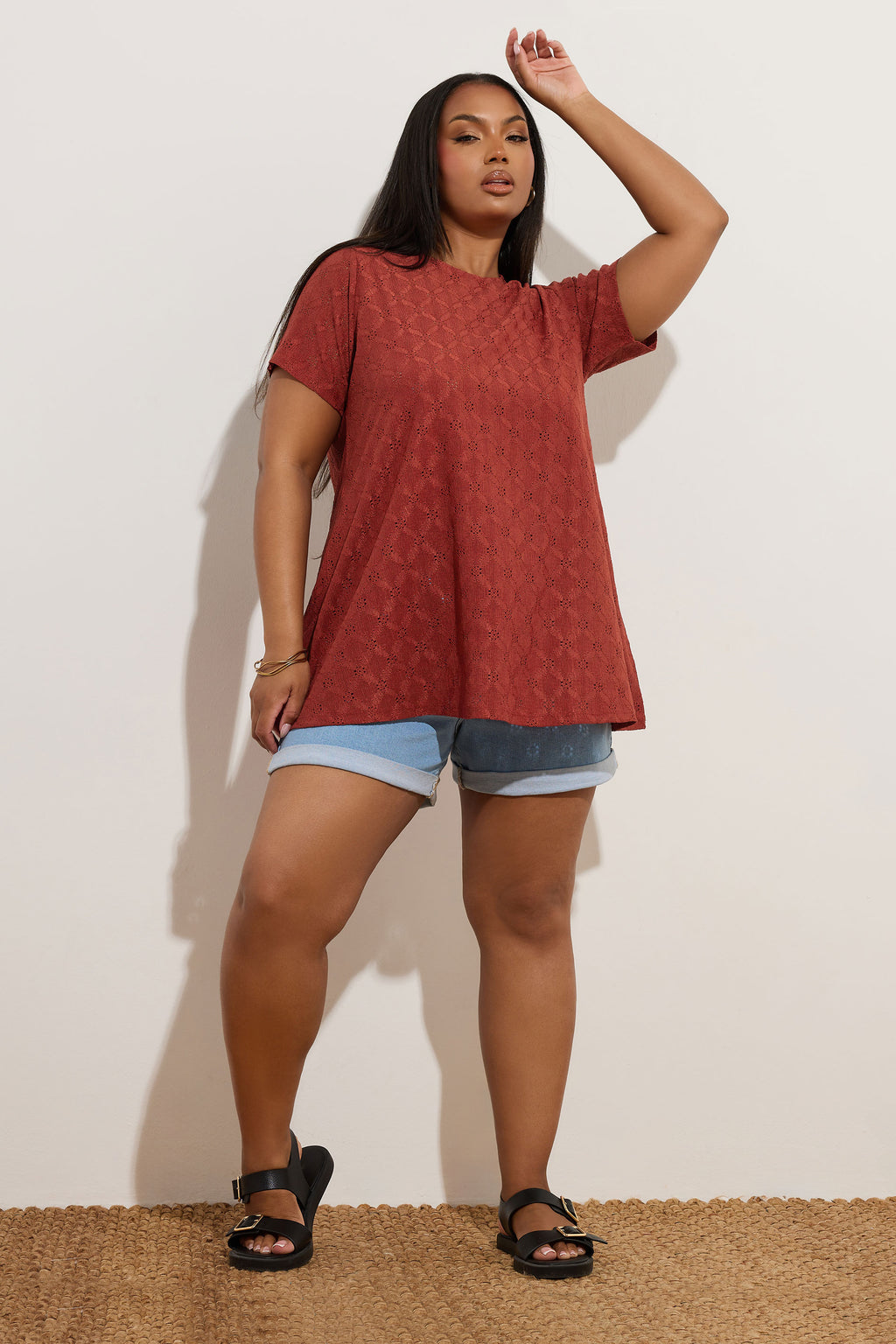  YOURS - T-Shirt Rouille Texturé Broderie Anglaise