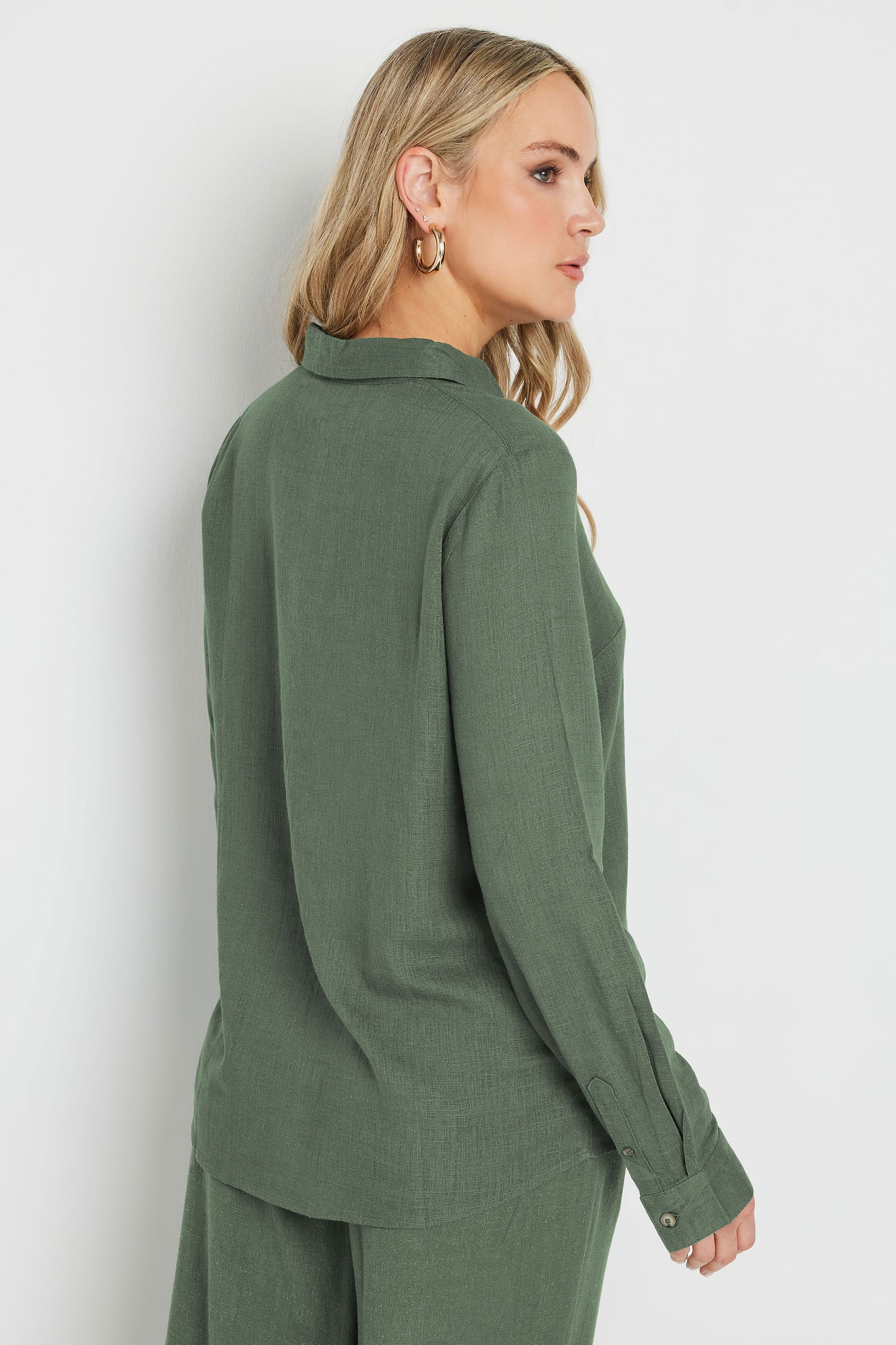  LTS Tall Khaki Green Linen Oversized Long Sleeve Shirt