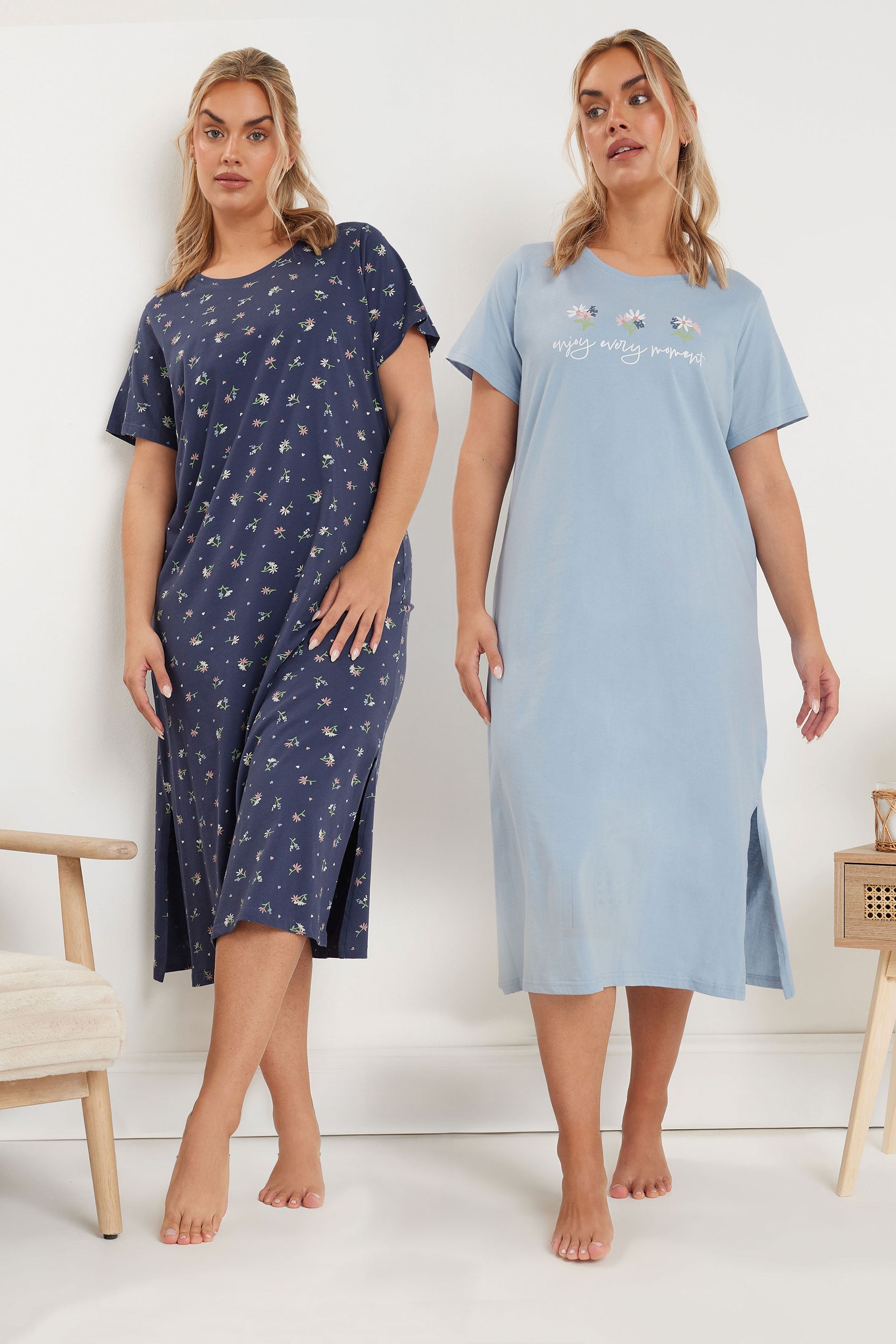  YOURS - Lot De 2 Chemises De Nuit Bleues Floral 'Every Moment'