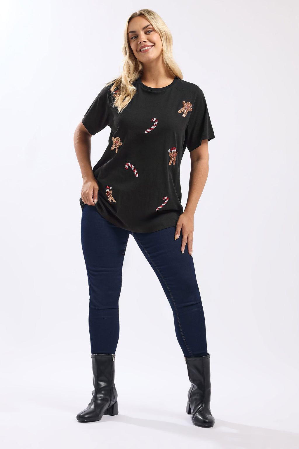  YOURS Curve T-shirt Fantaisie Noir à Sequins En Forme De Bonhomme En Pain D'épices