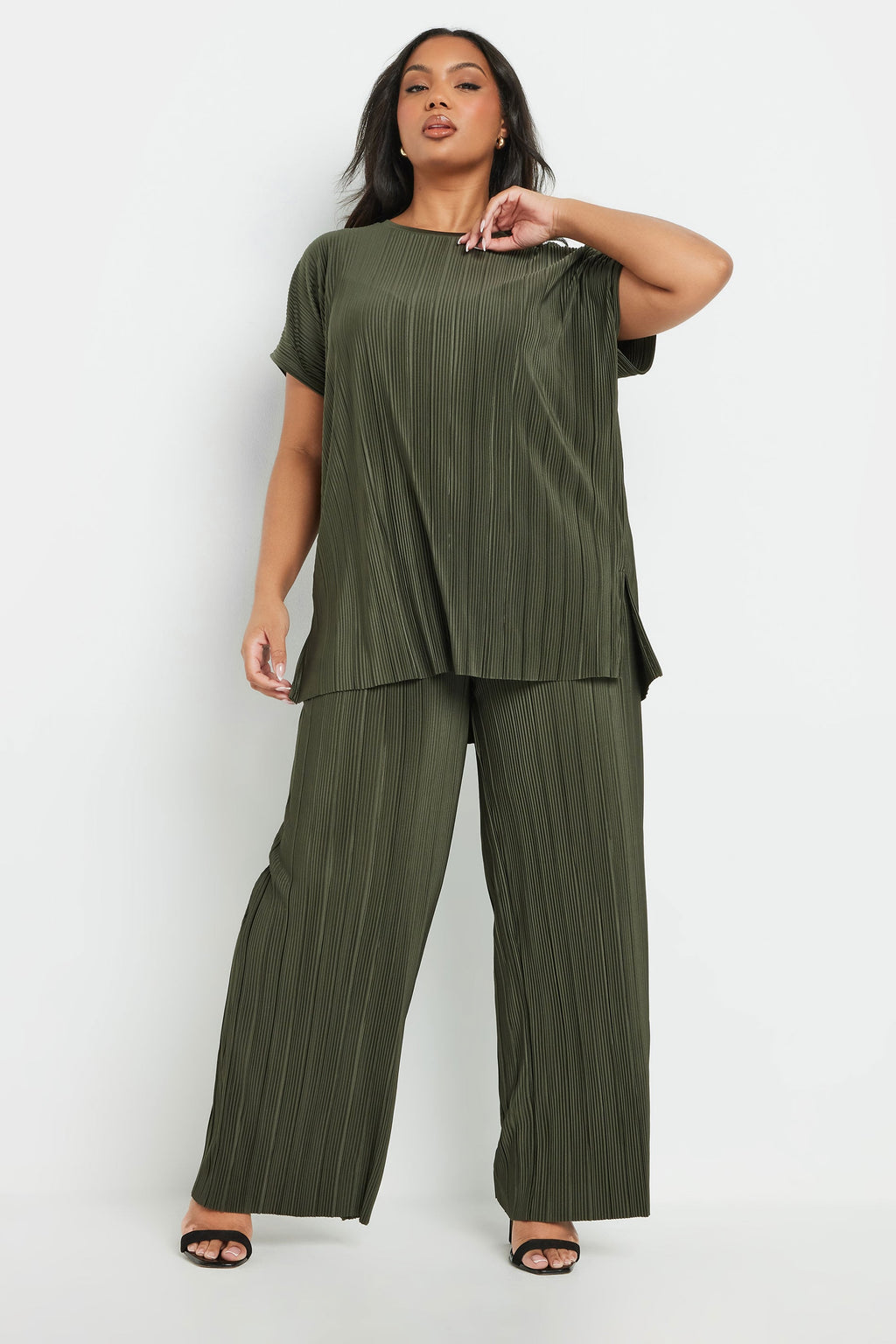  YOURS - Pantalon Wide Leg Vert Kaki Plissé