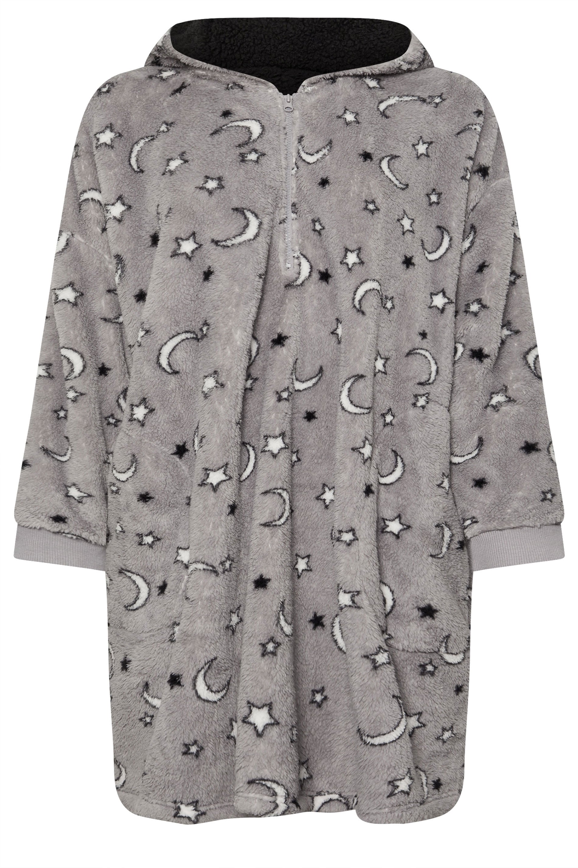  YOURS - Pull-Plaid Gris Oversize à Capuche Lunes & Étoiles