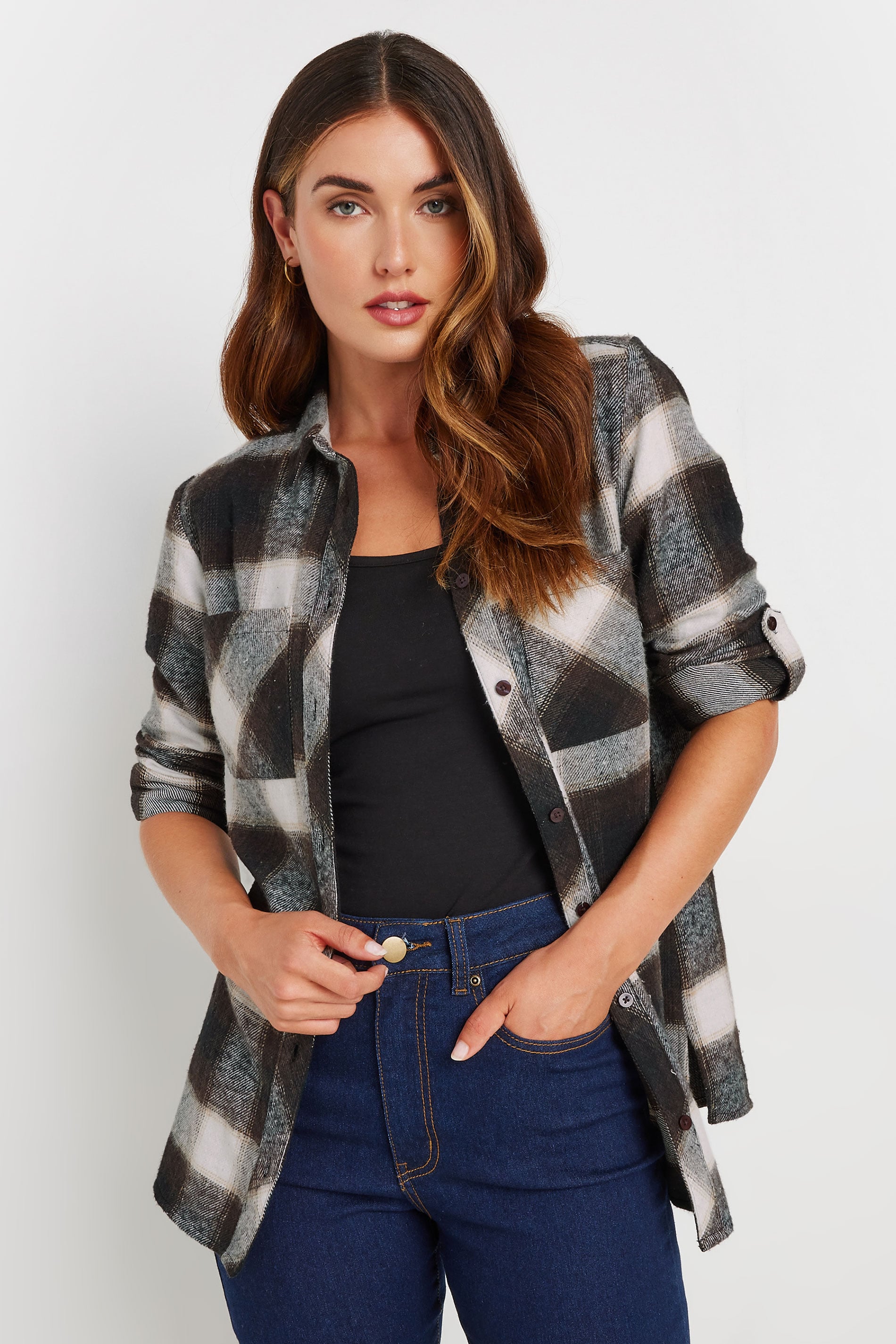  LTS Tall Brown Check Rolled Sleeve Shirt