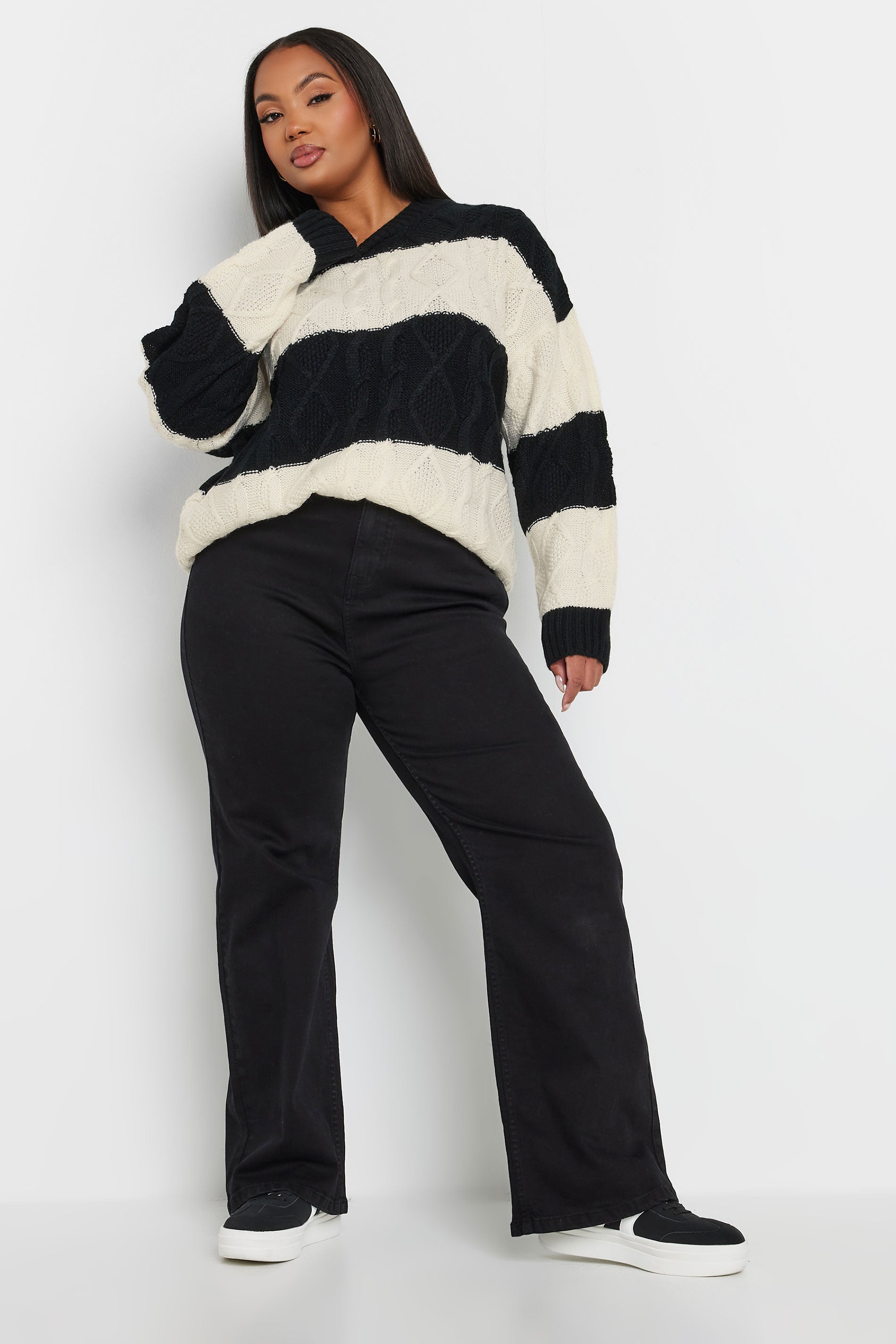  YOURS - Pull Noir & Crème En Maille Design Rayures