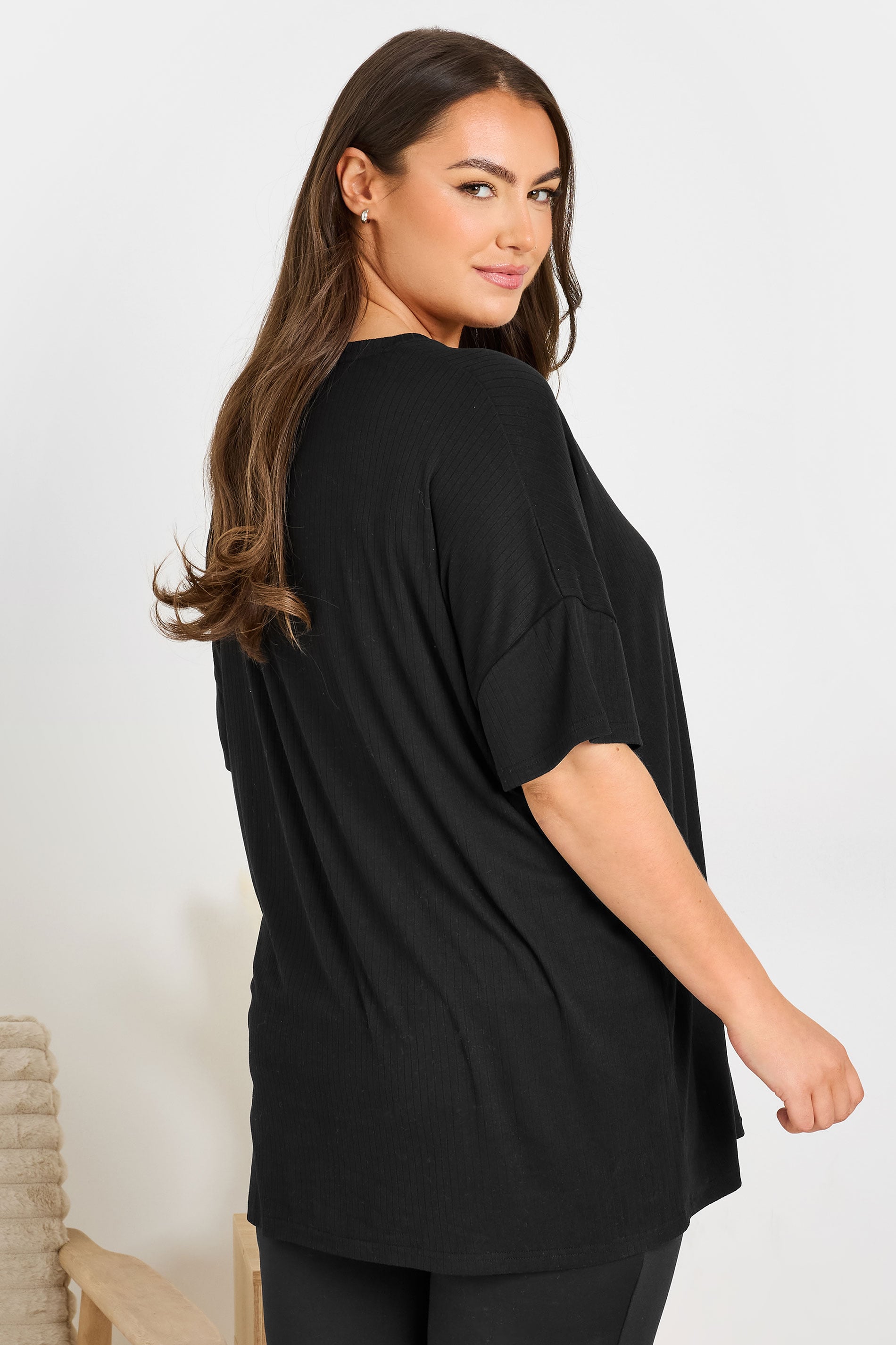  YOURS - Haut De Pyjama Noir Toucher Doux Nervuré Coupe Volantée