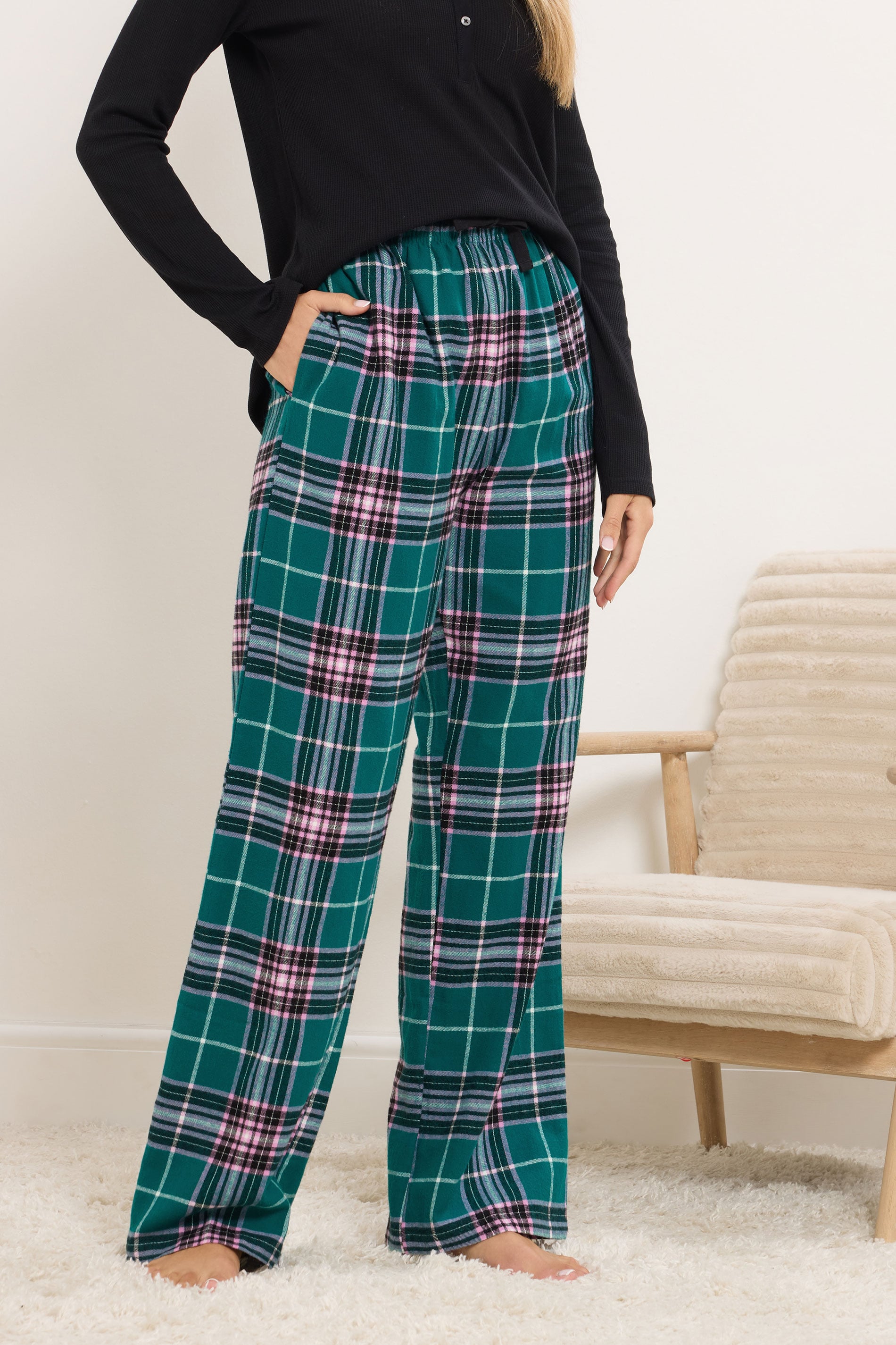  LTS Tall Turquoise Green Cotton Check Pyjama Bottoms