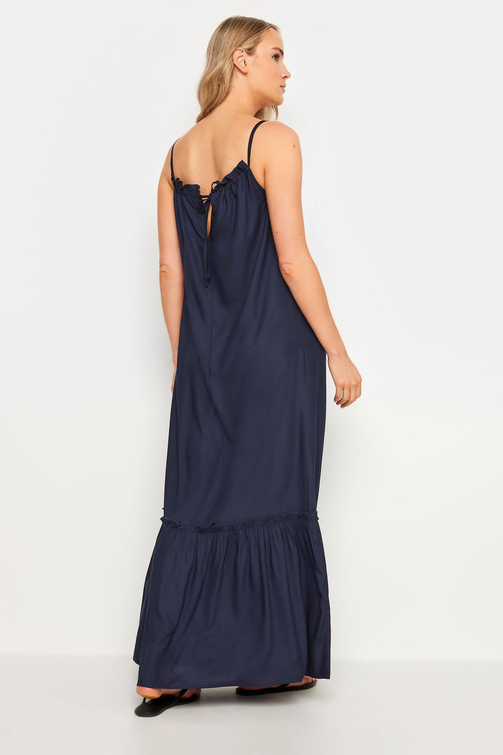  LTS - Robe Bleue Marine Fines Bretelles Maxi Coupe Volanté Tall