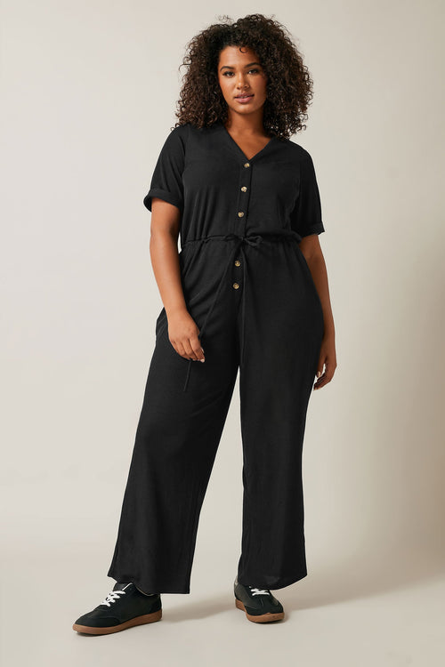  EVANS Curve Black Button Front Jersey Jumpsuit