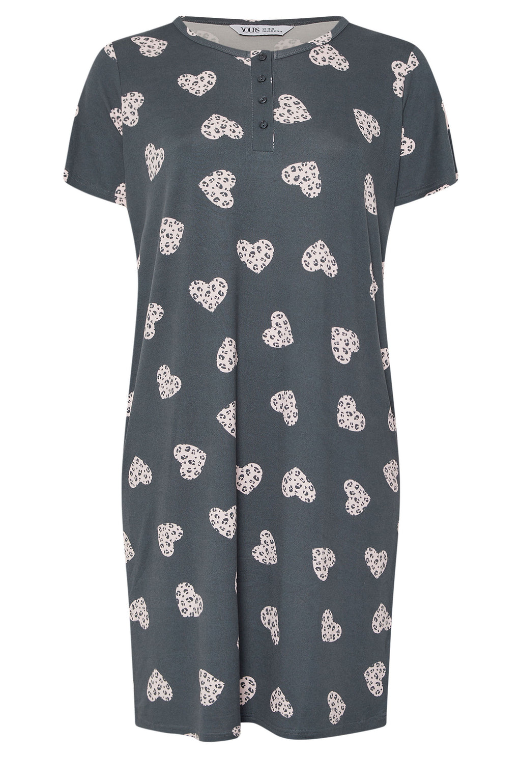  YOURS Curve Chemise De Nuit Grise à Patte De Boutonnage Douce Au Toucher Motif Cœur Animal
