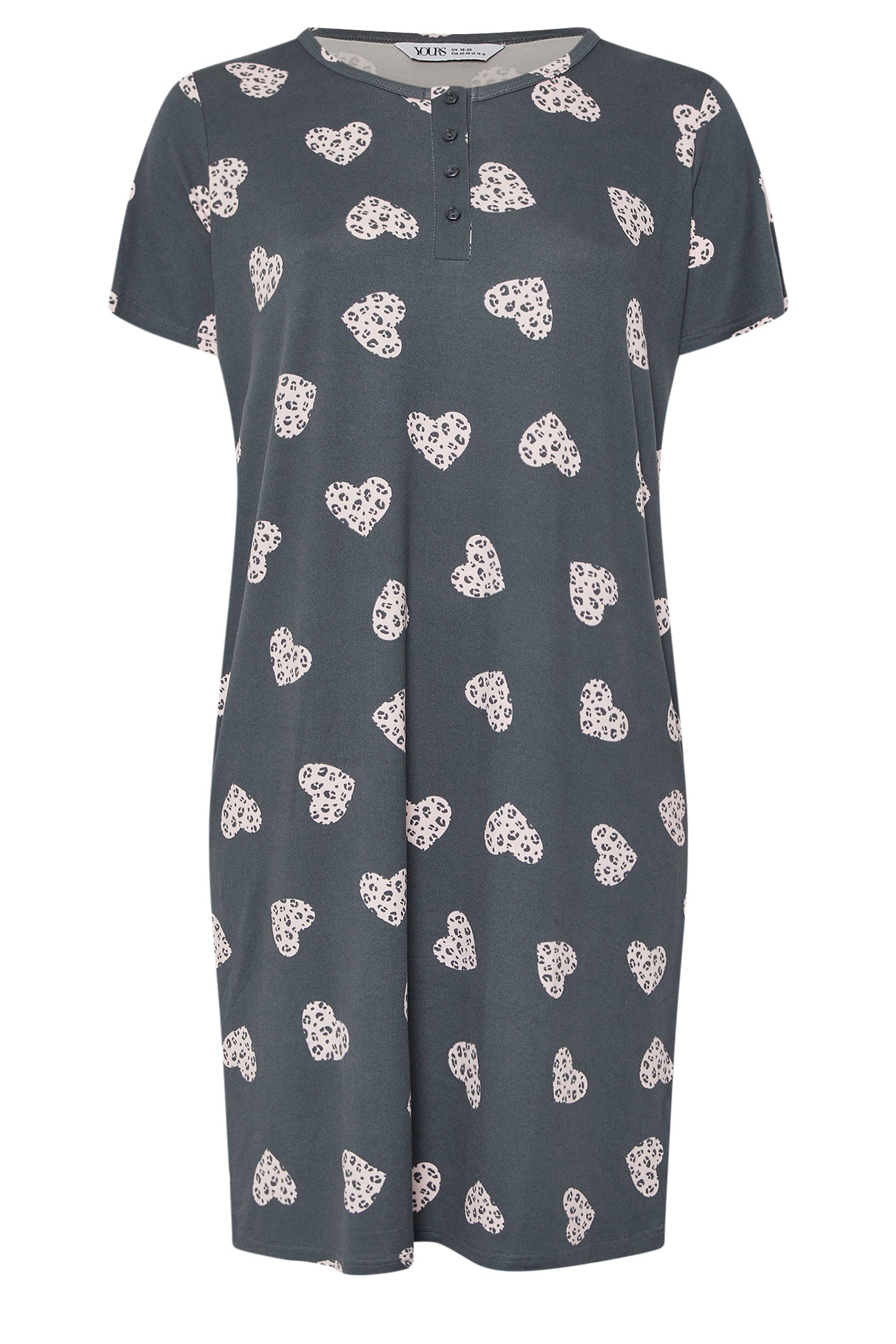  YOURS Curve Chemise De Nuit Grise à Patte De Boutonnage Douce Au Toucher Motif Cœur Animal