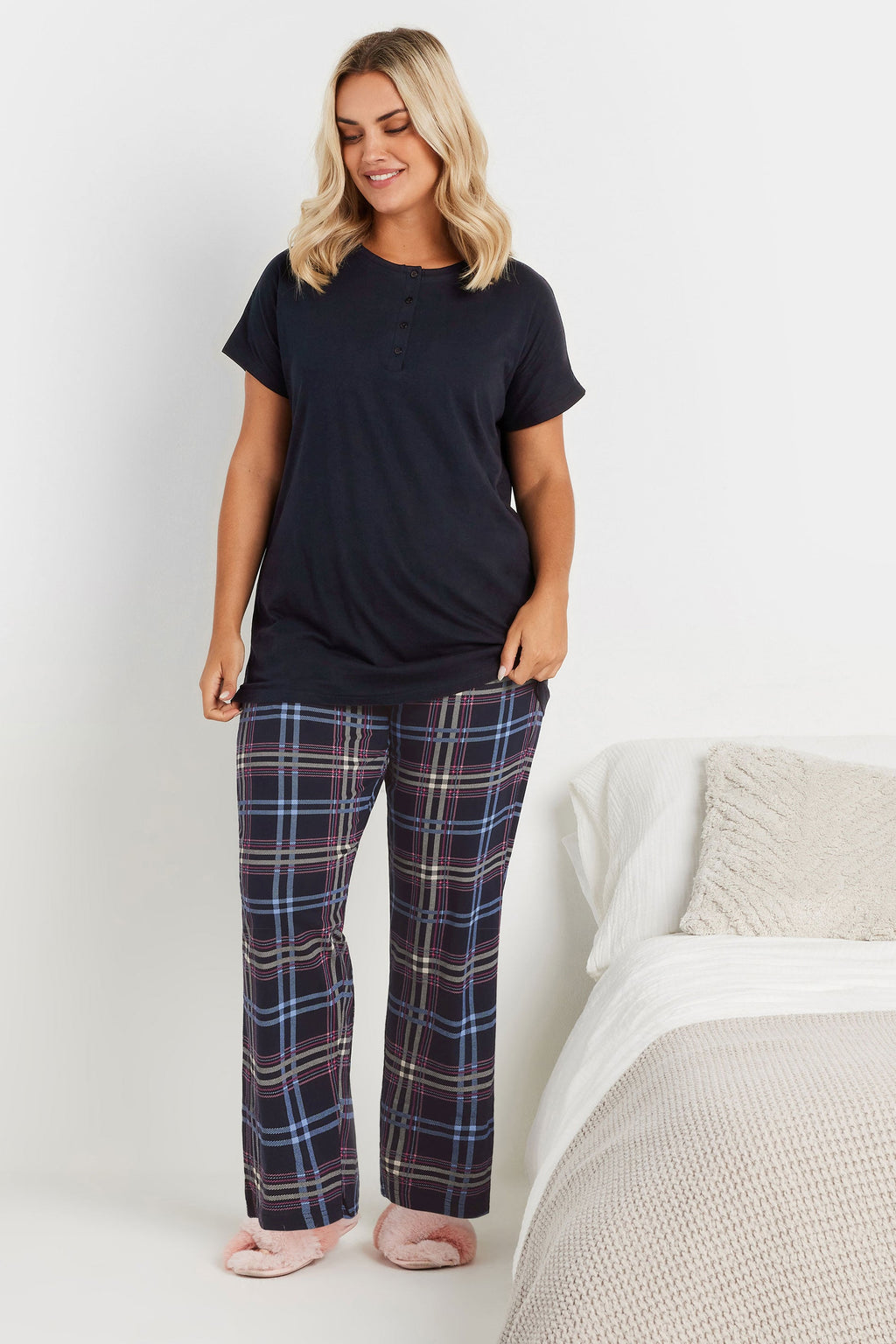  YOURS - Bas De Pyjama Bleu Marine Wide Leg à Carreaux