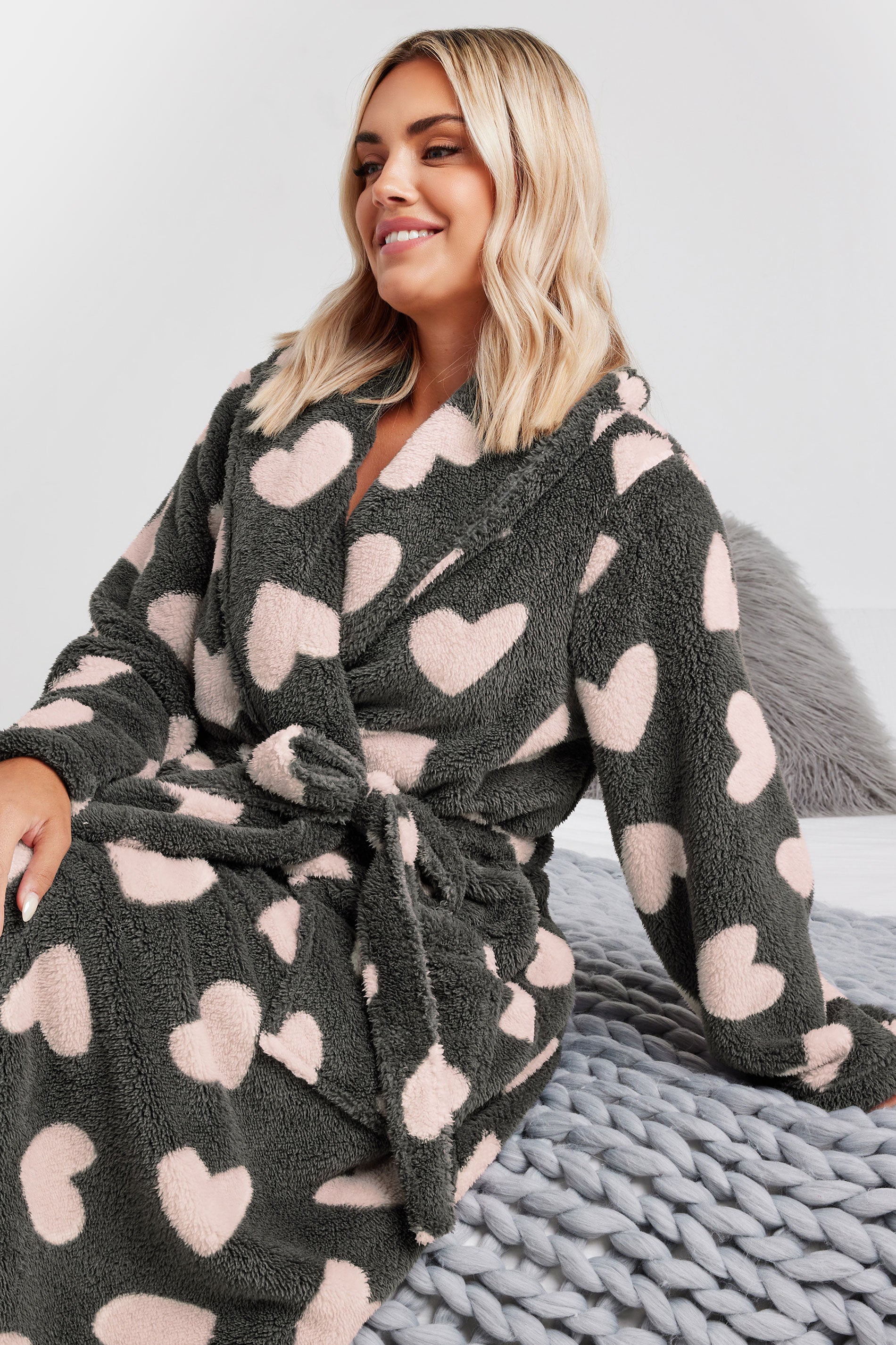  YOURS - Robe De Chambre Gris & Rose Coeurs