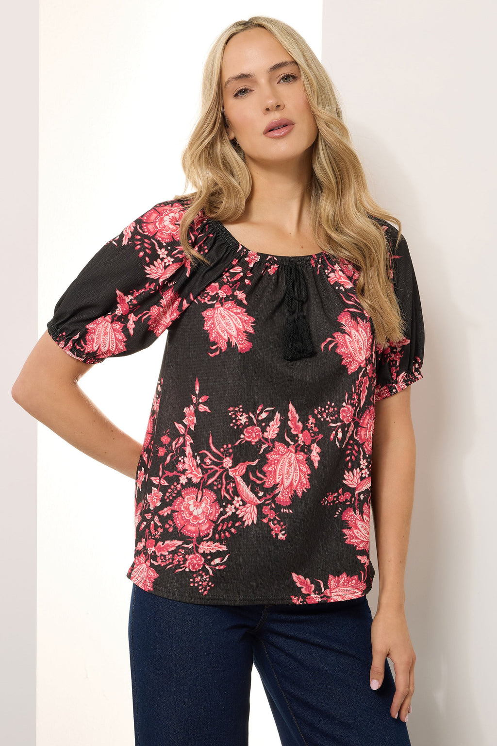  LTS Tall Black Floral Print Tie Front Top
