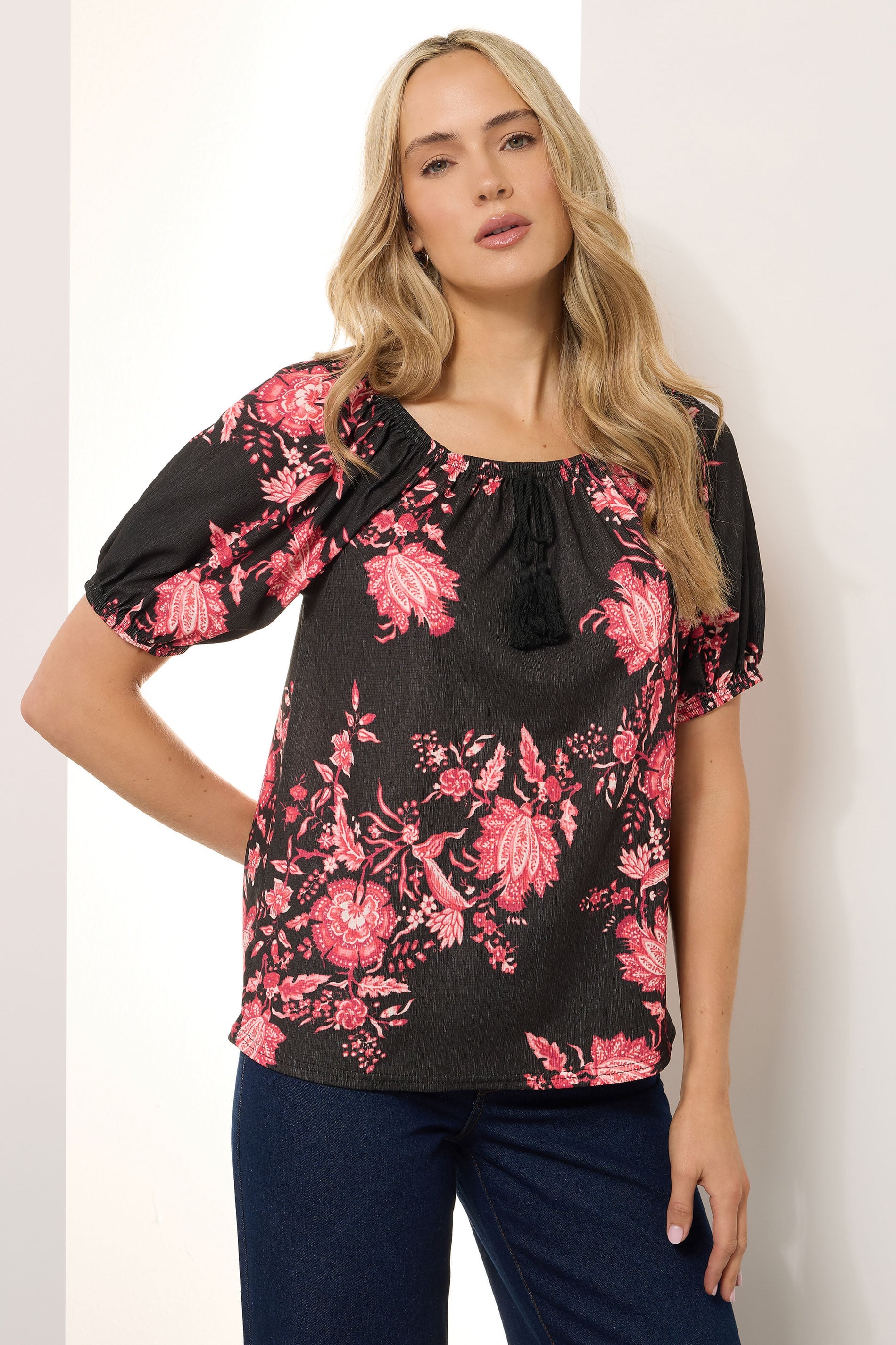  LTS Tall Black Floral Print Tie Front Top