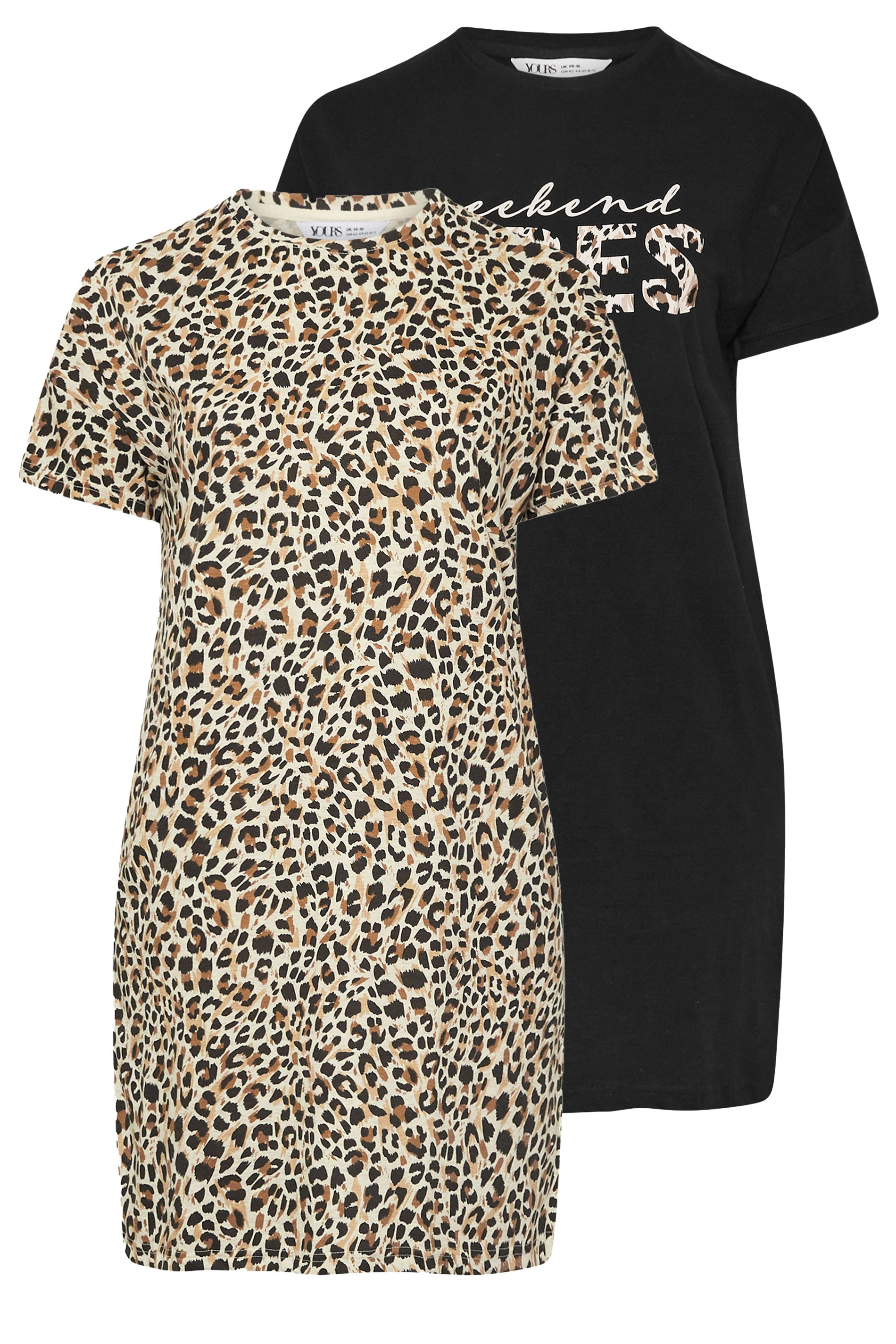  YOURS - Lot De 2 Chemises De Nuit Noire & Léopard 'Weekend Vibes'
