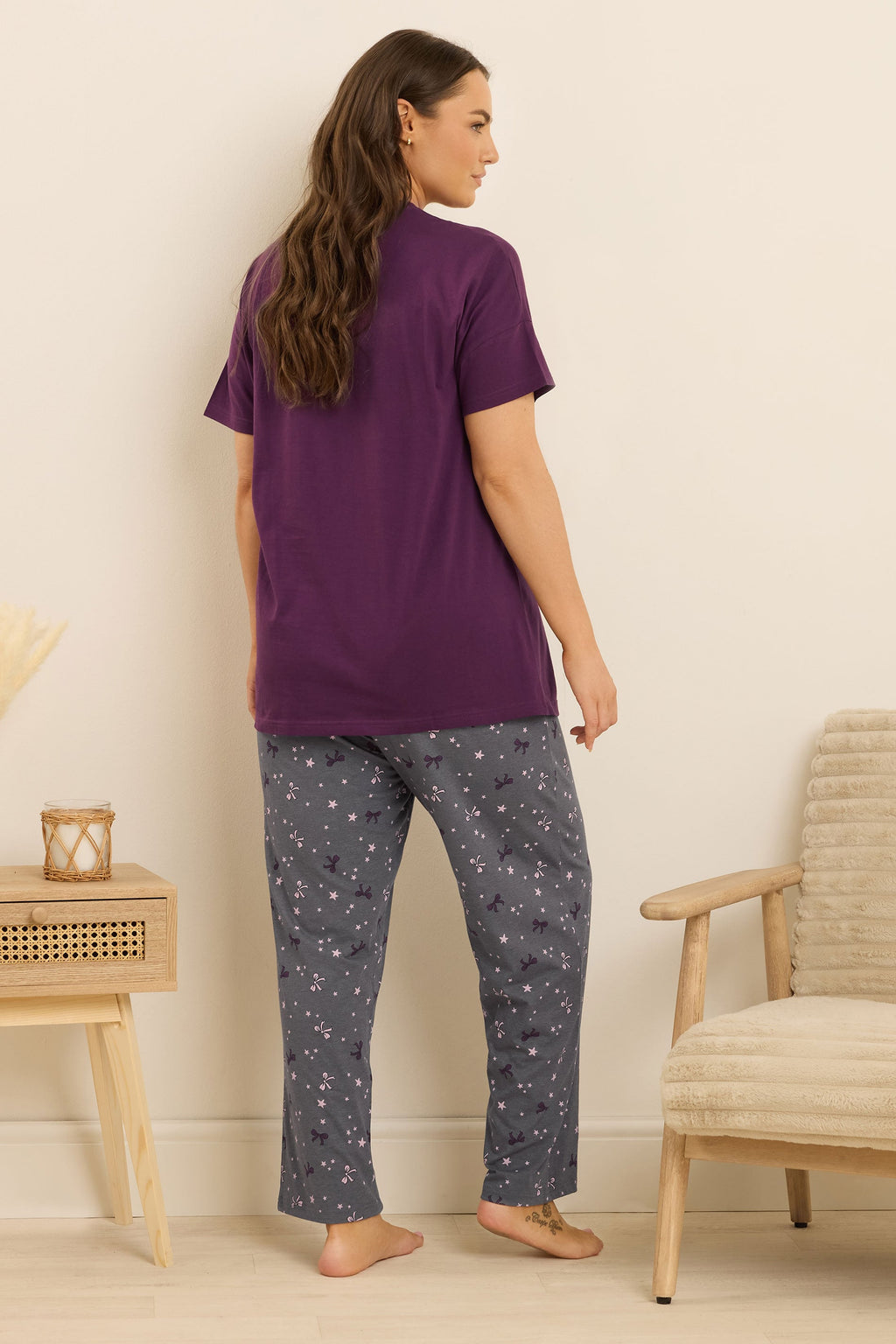  YOURS Curve Ensemble De Pyjama à Jambes Larges Violet Avec Slogan « Bearly Awake »