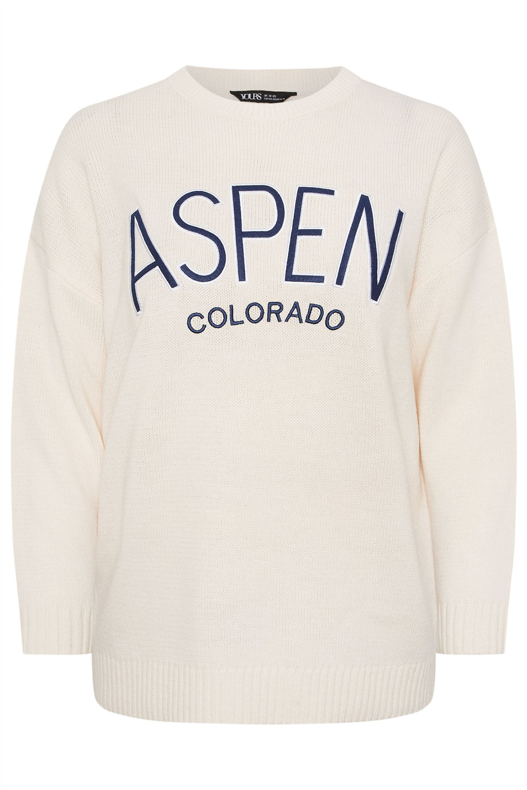  YOURS Curve Pull Tricoté Blanc Ivoire Avec Slogan « Aspen »
