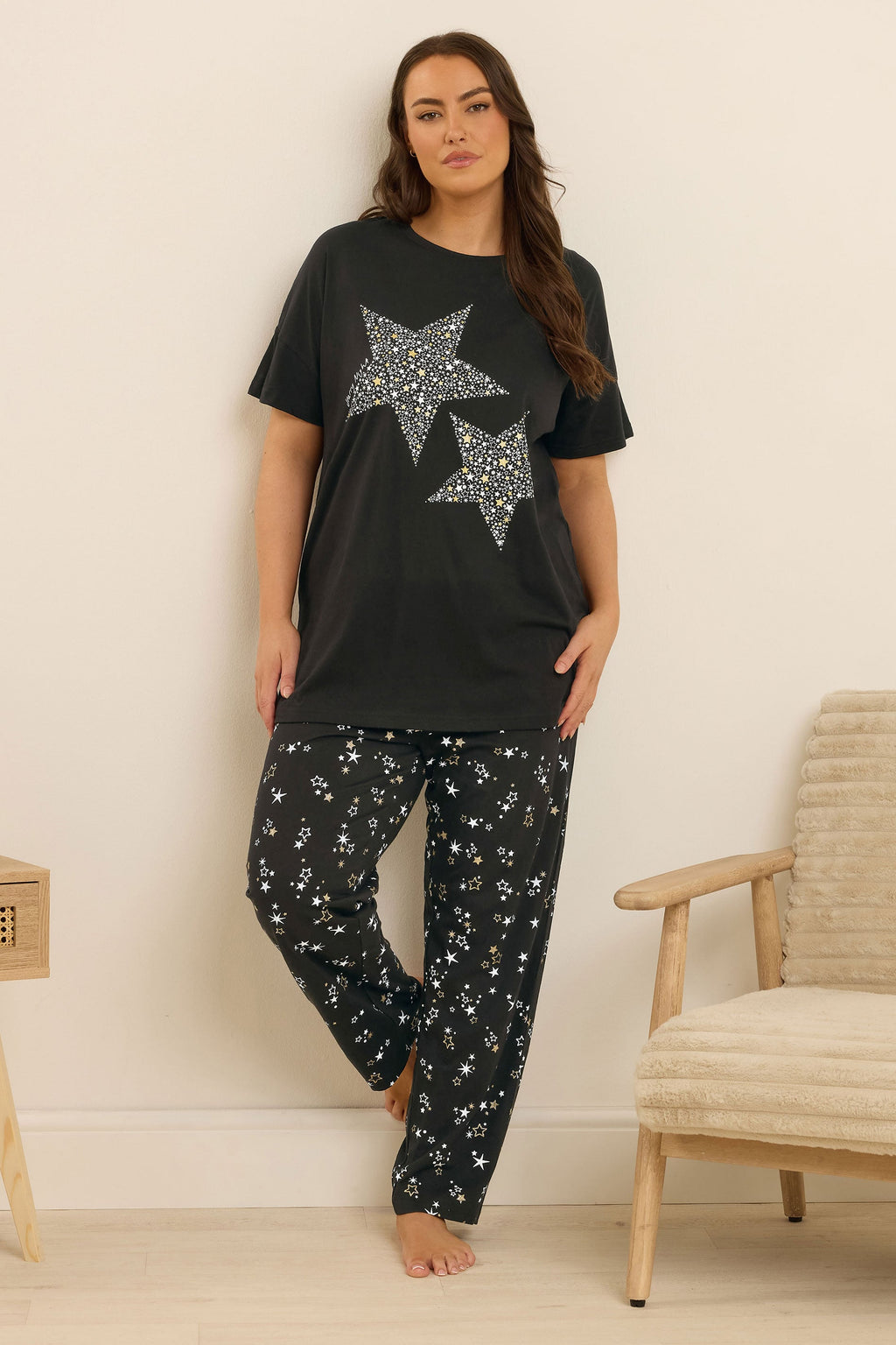  YOURS Curve Ensemble De Pyjama à Jambes Larges Noir Imprimé étoiles