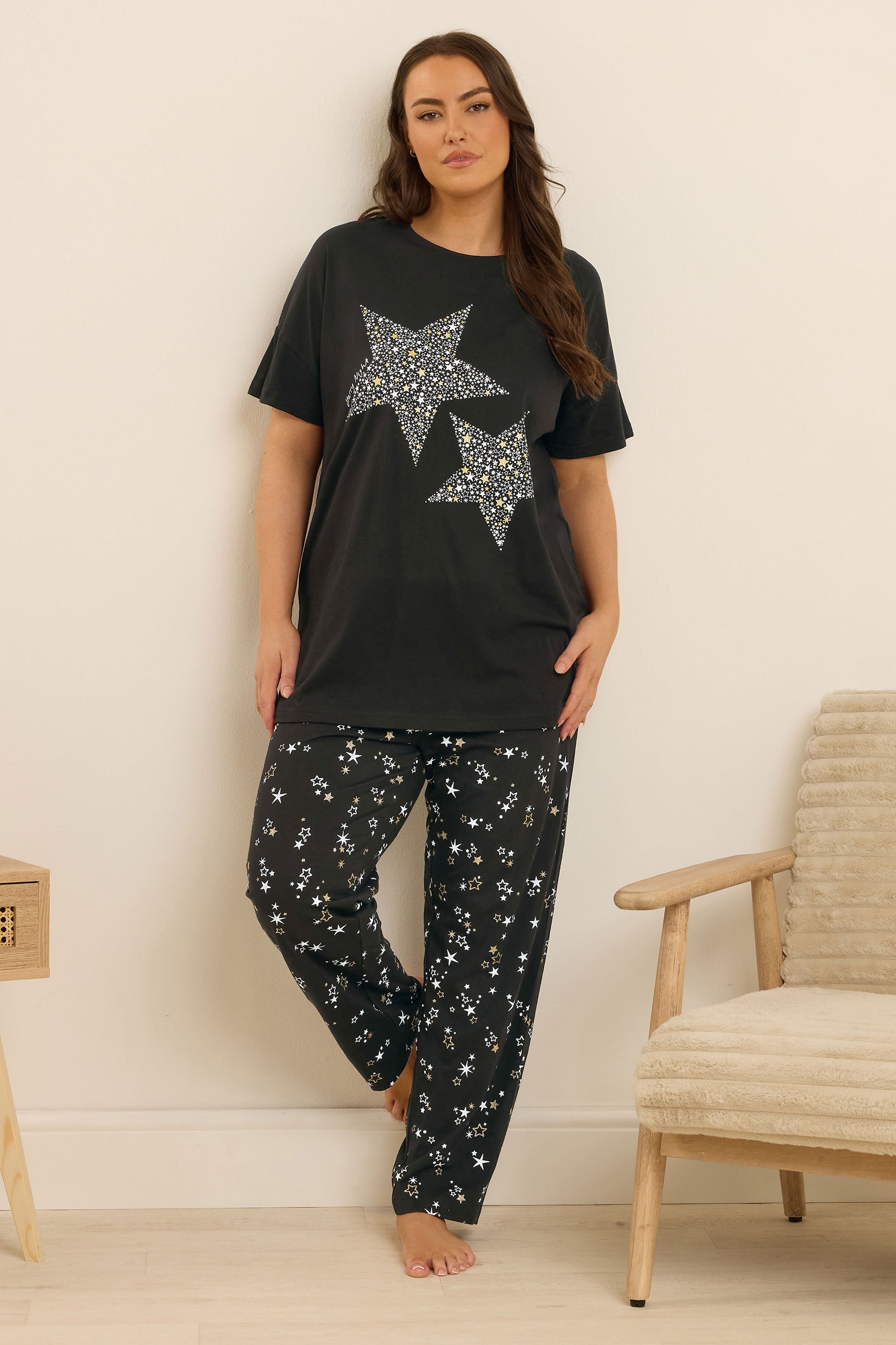  YOURS Curve Ensemble De Pyjama à Jambes Larges Noir Imprimé étoiles
