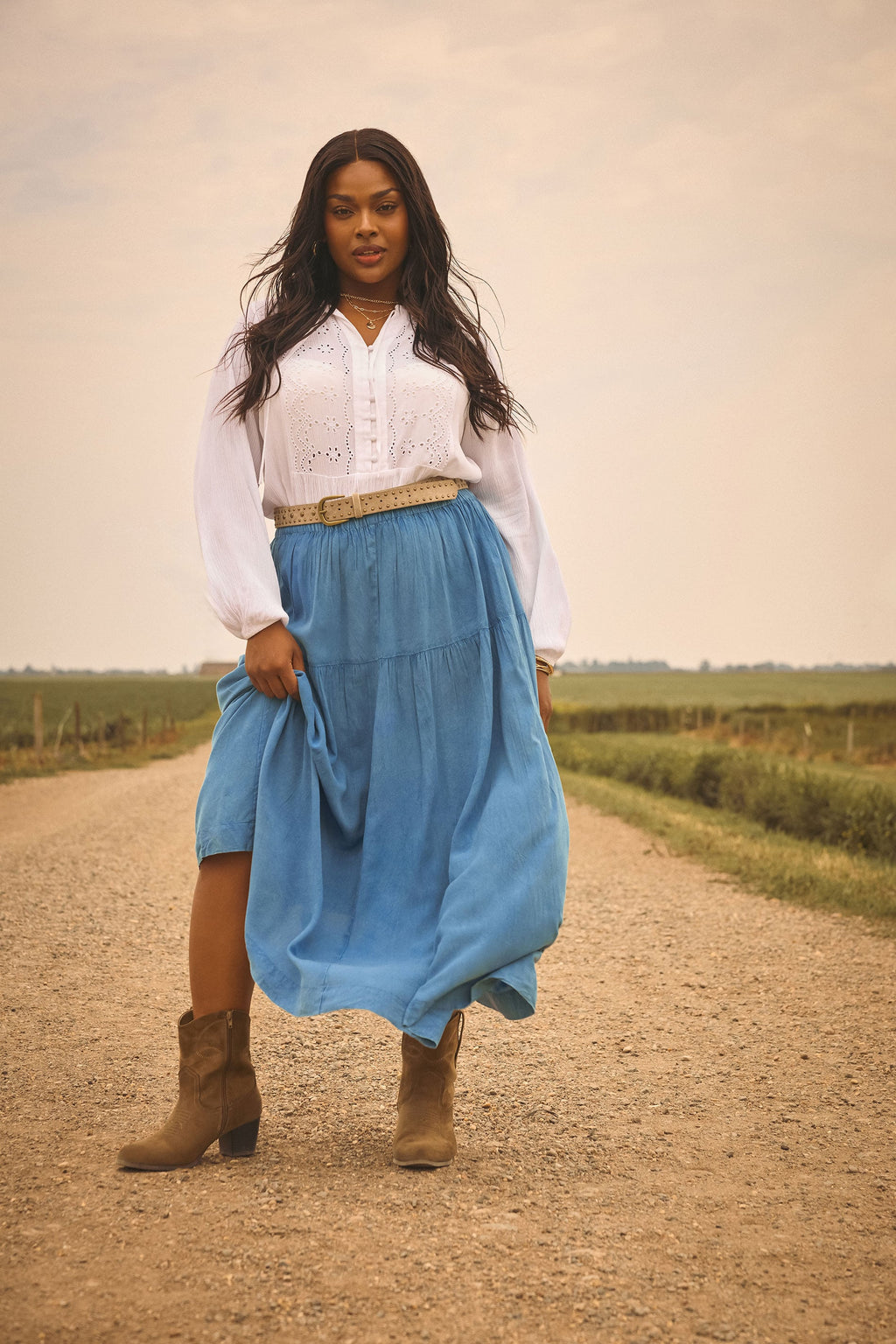  YOURS - Jupe Midi Bleue Smockée Effet Denim
