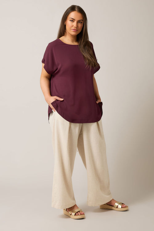  EVANS Curve Burgundy Red Button Sleeve Blouse